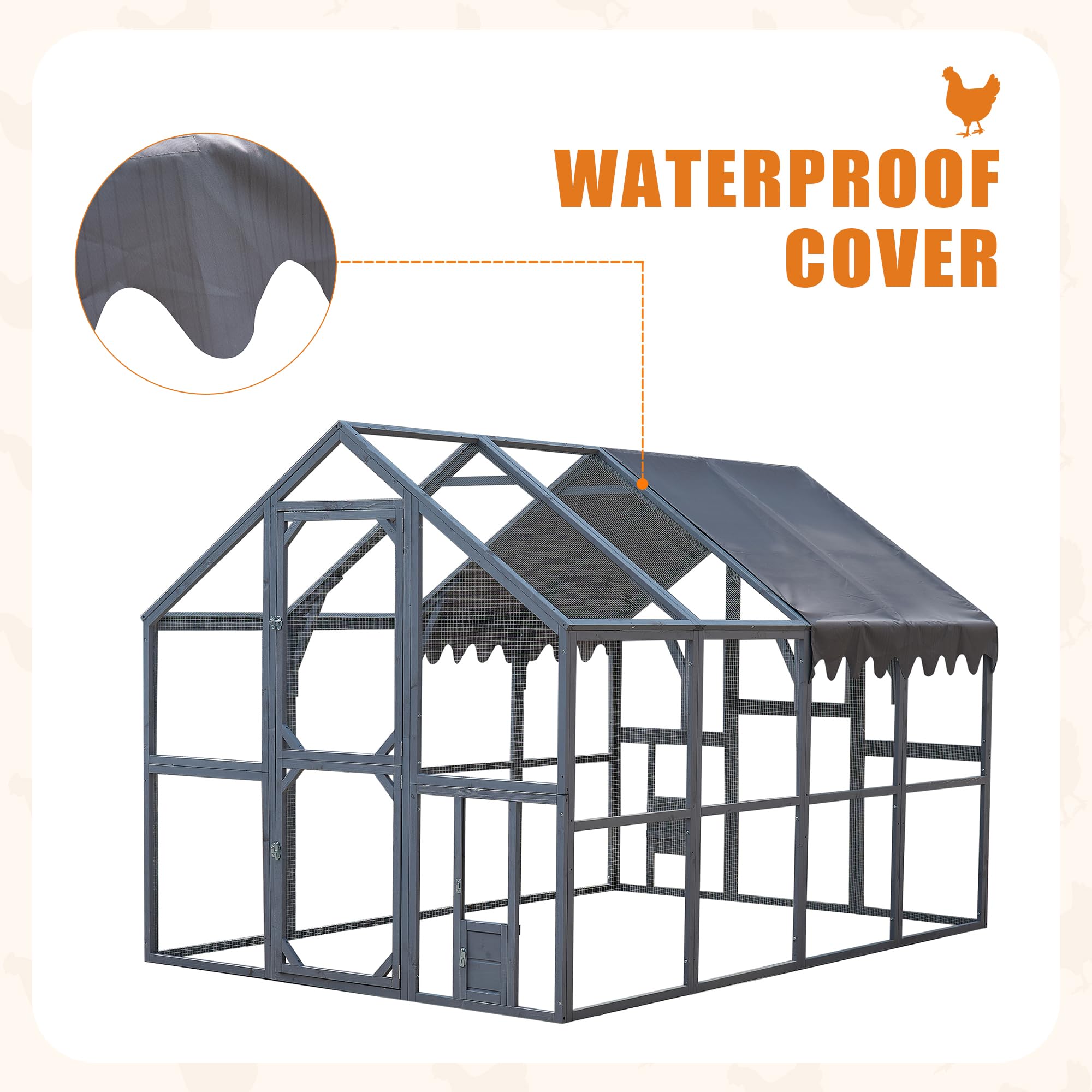 KEIKI Chicken Coop, 9.3 x 6.2 x 6 FT, Large Wooden Chicken Run with Waterproof Cover, Outdoor Walk-in Hen House, for Backyard Farm, Grey