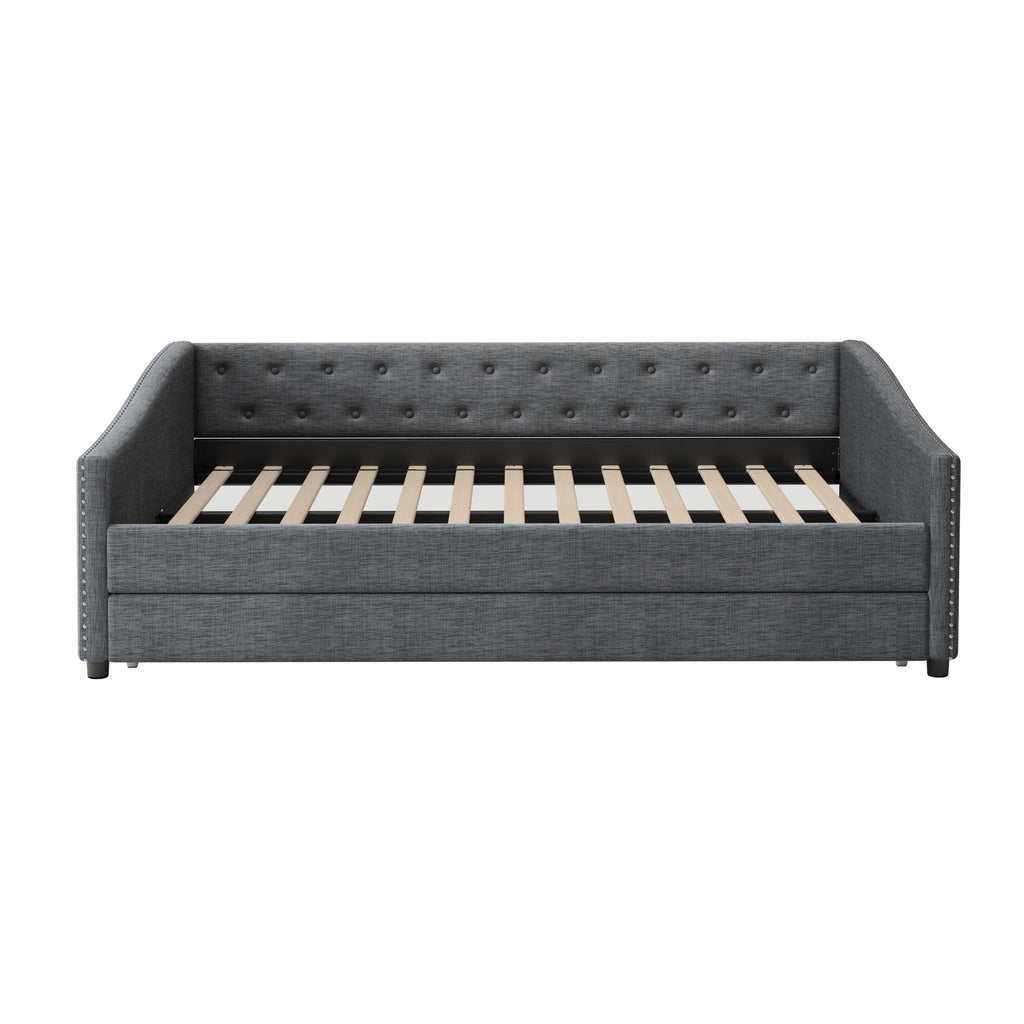 Ball & Cast Full Size Upholstered Tufted Daybed with Twin-Size Trundle, Bed Frame w/Button Tufted Back and Waved Shape Arms,for Bedroom,Guest Room,Apartment,Dark Grey