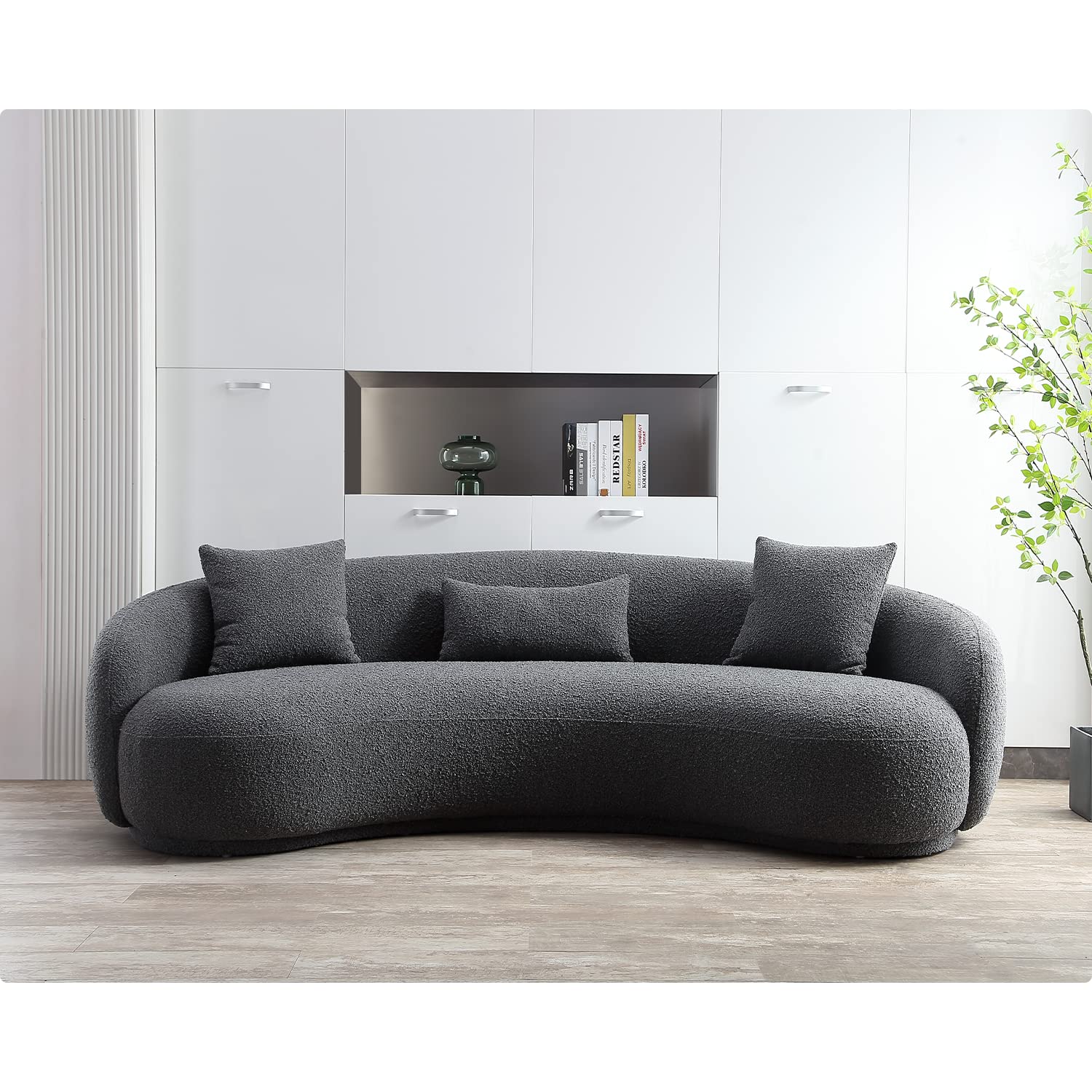 Acanva Mid Century Modern Curved Living Room Sofa, 4-Seat Boucle Fabric Couch for Bedroom, Office, Apartment, Grey