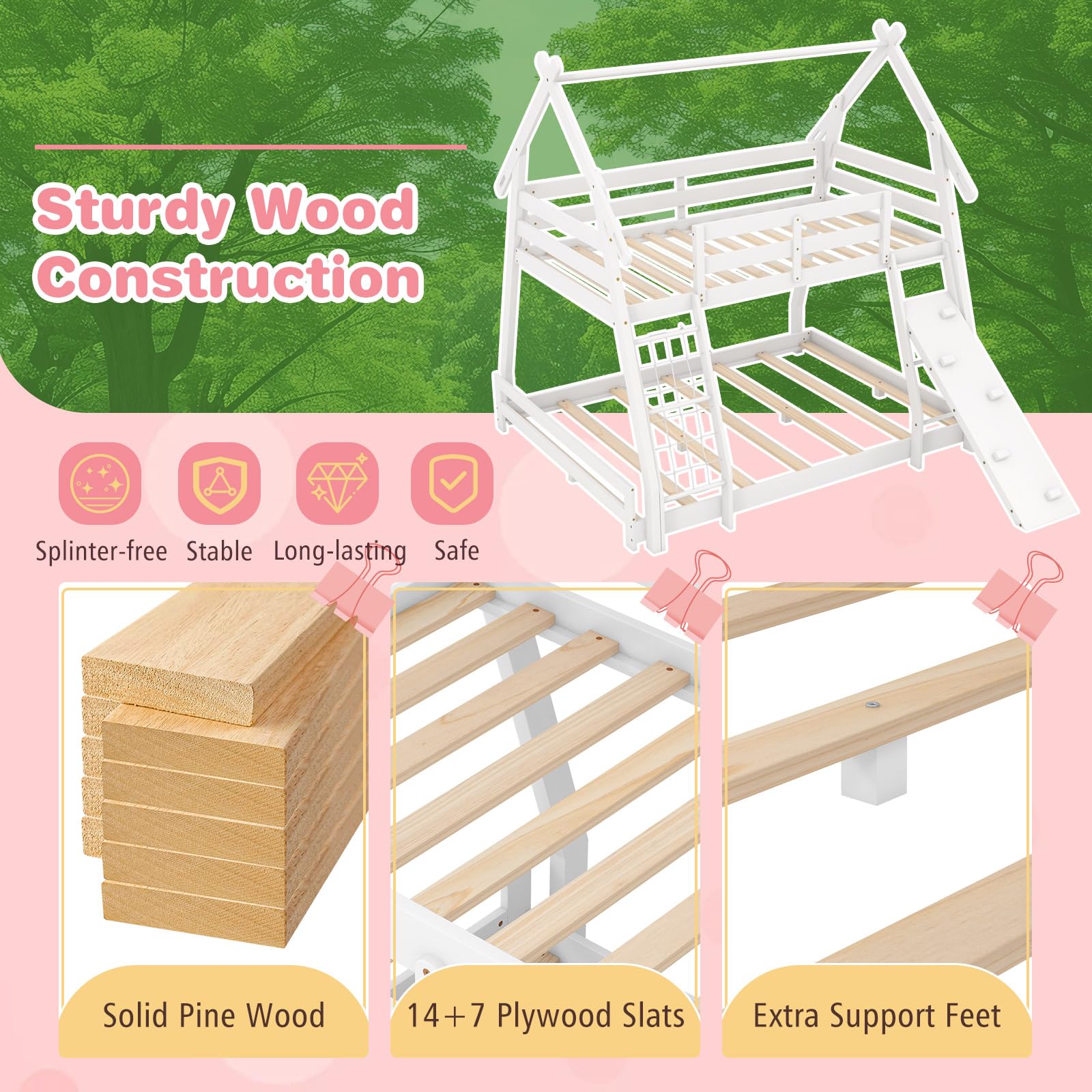 Giantex Twin Over Queen Bunk Bed, Wood House Bunk Bed for Kids with Climbing Nets and Ramp, Floor Queen Size Bunk Beds with Safety Guardrail, No Box Spring Needed, for Boys Girls Adults (White)