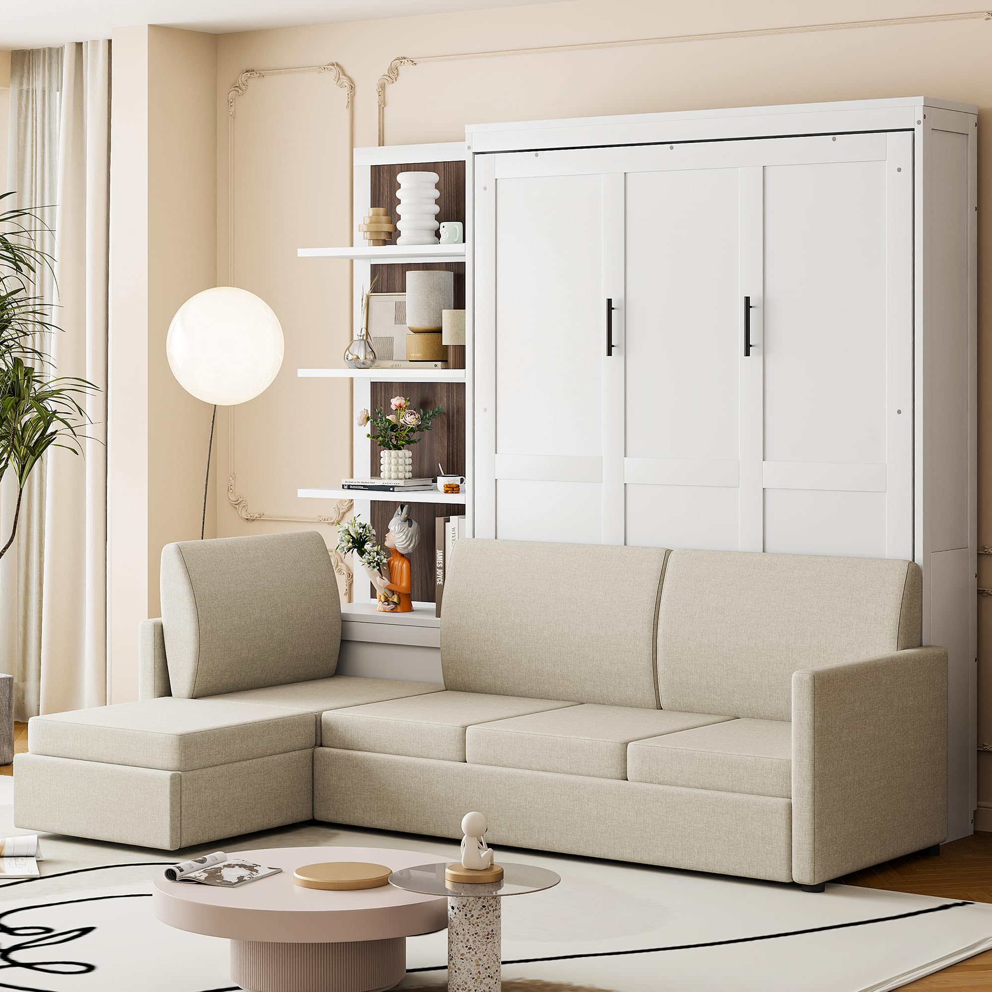 Ball & Cast Murphy Bed Queen Size Wall Chest with Sofa and Shelves,Wood Hideaway Cabinet Platform Bedframe w/Slat Support,can be Folded,Space-Saving,for Small Room,Dorms,White