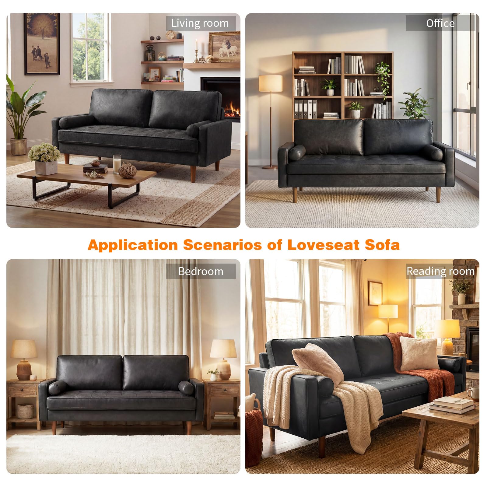 Meeyar 70" Mid-Century Modern Sofa Couch – Faux Leather Loveseat Sofa with Deep Seat & Solid Wood Frame – Includes 2 Accent Pillows – Black Living Room Bedroom Office (Black, 70 inches)