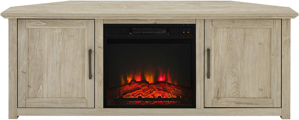 Crosley Furniture Camden Corner Fireplace TV Stand for 65+ inch TVs, Entertainment Center with Storage Shelves, Frosted Oak