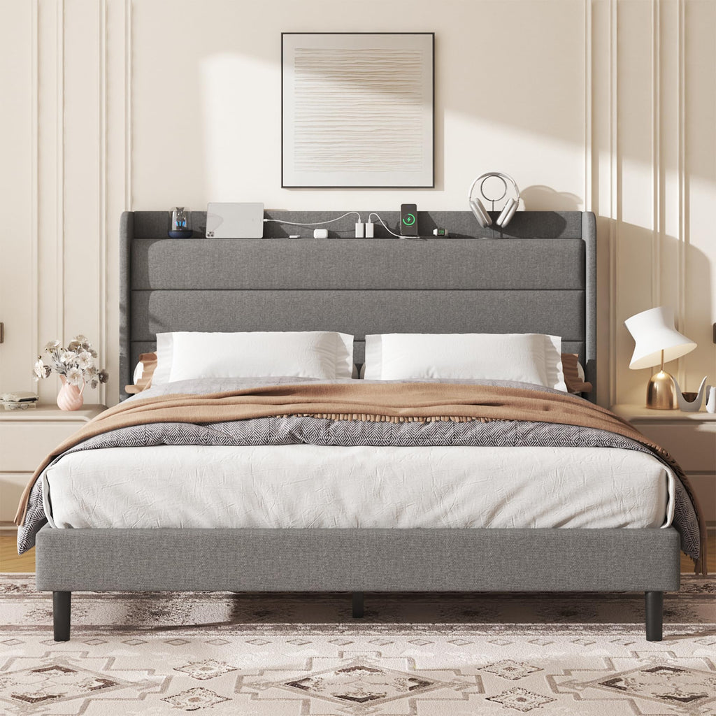 Lcwtvgxr King Size Linen Multifunctional Bed Frame, Wingback Headboard with Charging Station & Storage Shelf, Upholstered Platform Bed, Noise Free, No Box Spring Needed, Easy Assembly, Grey