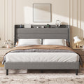Lcwtvgxr King Size Linen Multifunctional Bed Frame, Wingback Headboard with Charging Station & Storage Shelf, Upholstered Platform Bed, Noise Free, No Box Spring Needed, Easy Assembly, Grey