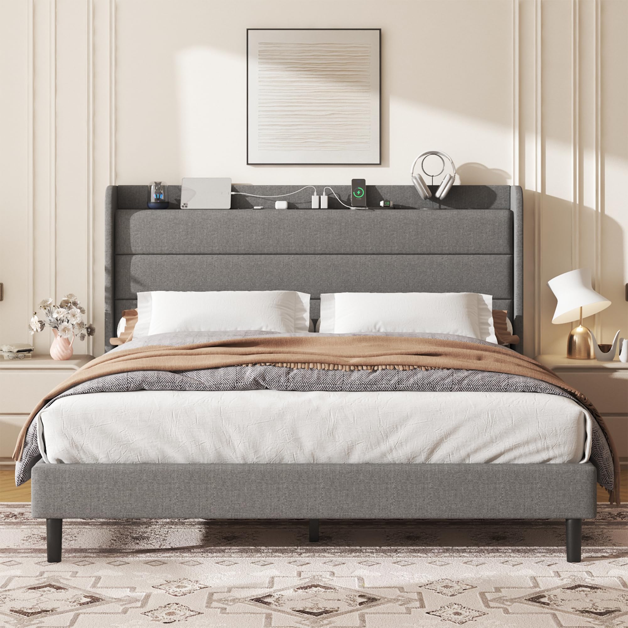 Lcwtvgxr King Size Linen Multifunctional Bed Frame, Wingback Headboard with Charging Station & Storage Shelf, Upholstered Platform Bed, Noise Free, No Box Spring Needed, Easy Assembly, Grey