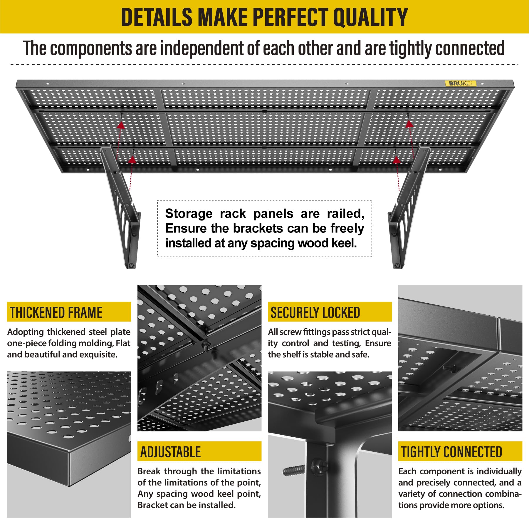 Brukid 4Pack 1.64x4ft Adjustable Metal Garage Wall Shelving Heavy Duty Garage Storage Shelf Wall Mounted Black