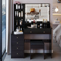 KEIKI Extra-Wide Vanity Desk with Mirror, LED Lights,3 Lighting Colors，Touch-Control,Adjustable Brightness,Cushioned Stool,41'' Makeup Vanity Table Set with 5 Storage Drawers and Shelves,Black