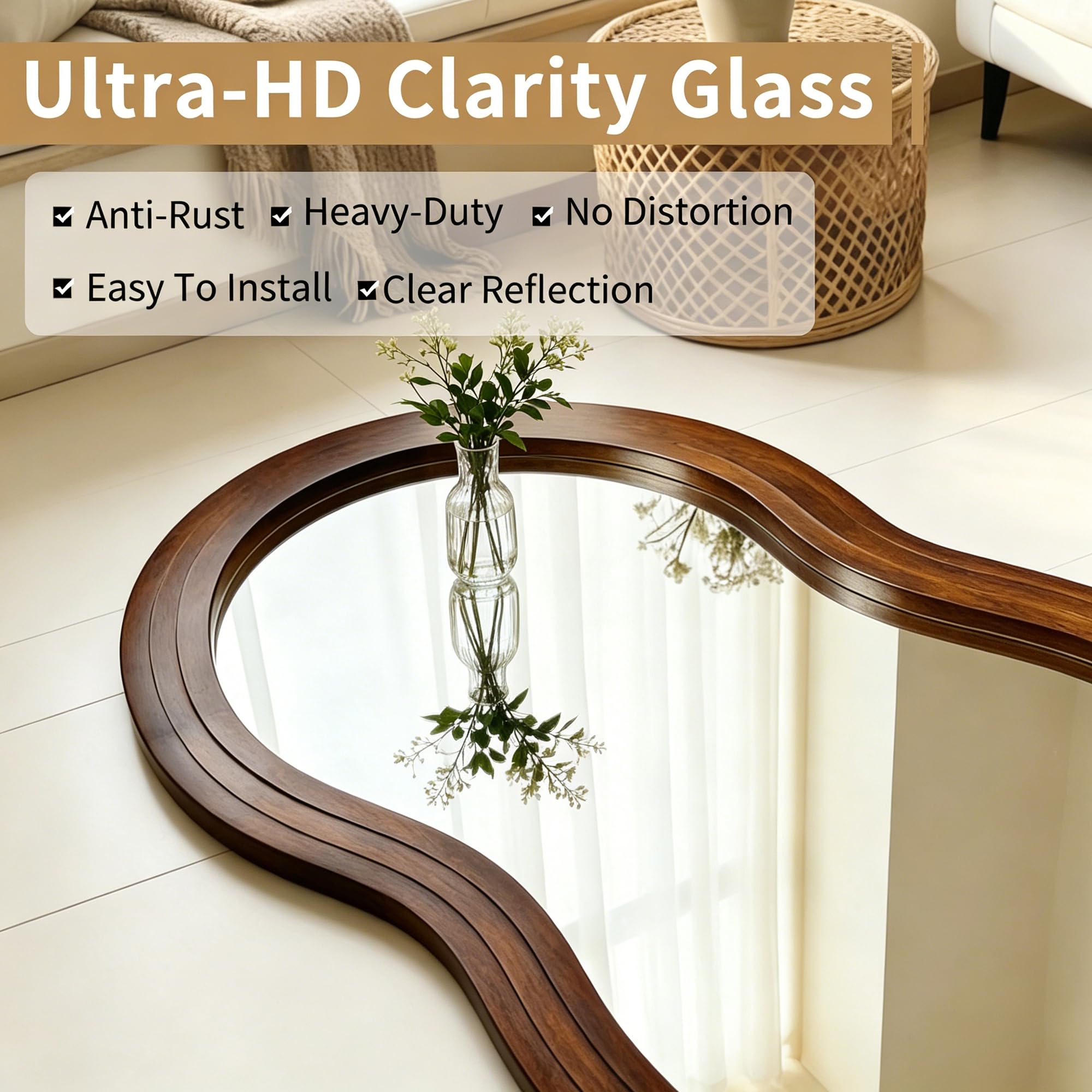 DAOYIJIAJU Wavy Full Length Mirror, 67"x31.5" Large Irregular Aesthetic Mirrors with Triple Layer Solid Wood Frame, Premium Organic Floor Mirror for Living Room Entryway Hallway, Leaning/Hanging
