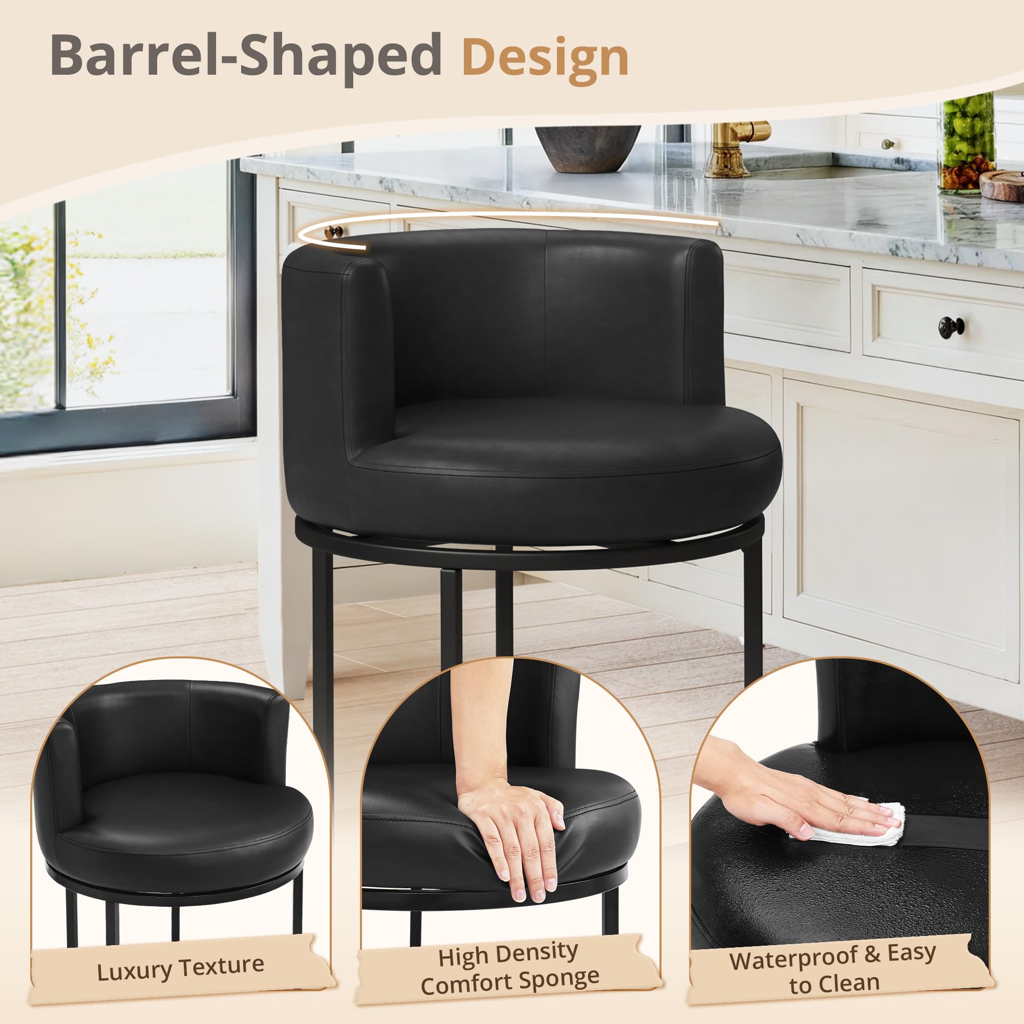 LUE BONA 26.8" Counter Height Bar Stools Set of 3, 180° Swivel Bar Stools, Modern Barrel Counter Stools with Back and Metal Frame, Faux Leather Upholstered Barstools for Kitchen Island, Black