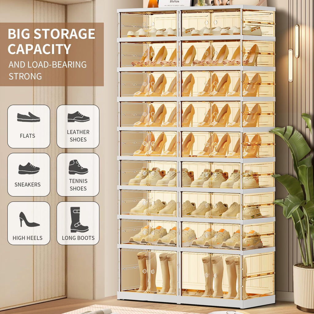 CIMLORD 9 Tier 18-36 PairsFoldable Shoe Rack for Closet Entryway,9-Tier Foldable Shoe Rack for Closet Entryway 18-36Pairs, Stackable Clear Shoe Storage Boxes Organizer with Door Plastic Shoe Cabinet