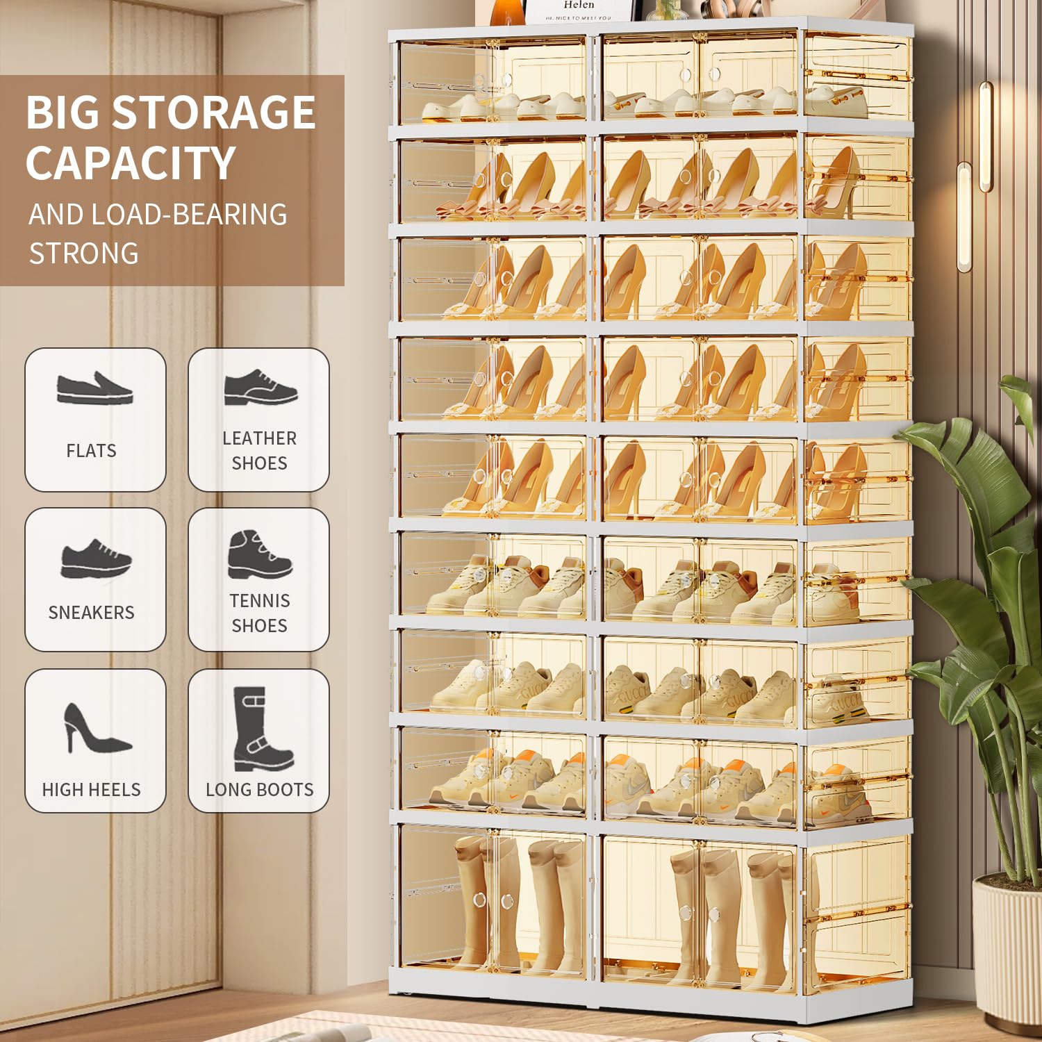CIMLORD 9 Tier 18-36 PairsFoldable Shoe Rack for Closet Entryway,9-Tier Foldable Shoe Rack for Closet Entryway 18-36Pairs, Stackable Clear Shoe Storage Boxes Organizer with Door Plastic Shoe Cabinet