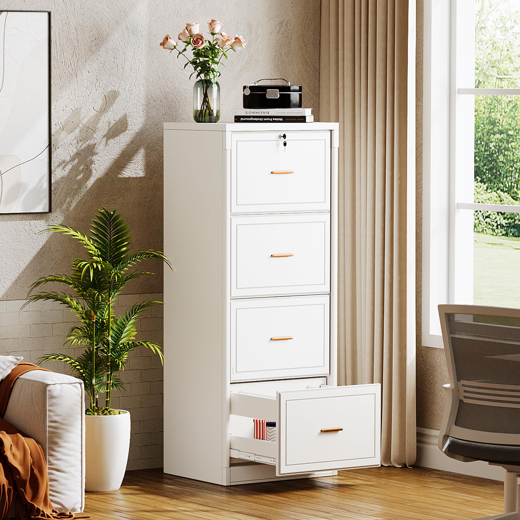 Tribesigns 4-Drawer File Cabinet with Lock, Locked File Cabinet with Key, Tall Wooden Filing Cabinets for Home Office, Vertical Office Storage for Legal Size/Letter/A4/Files, White