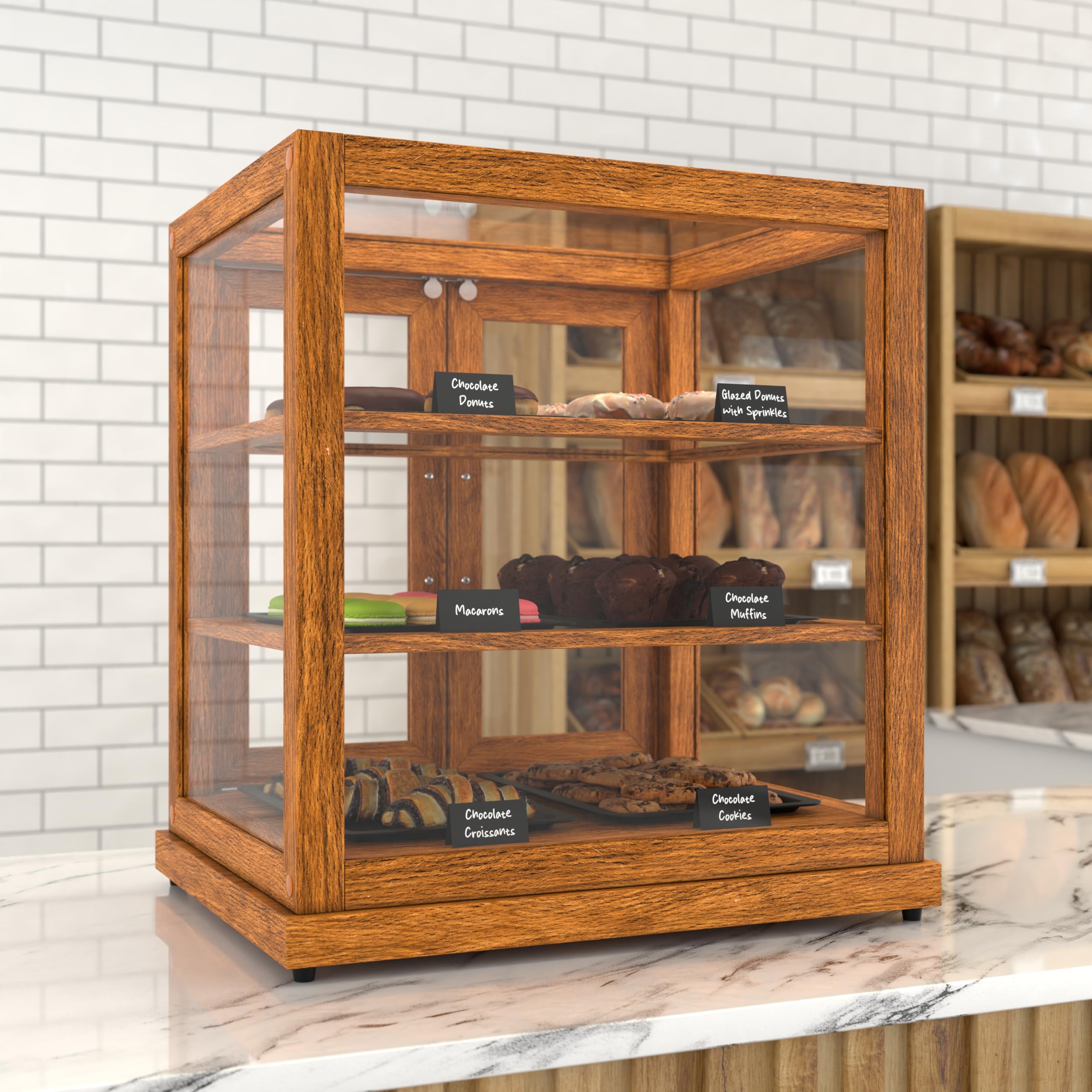 KoolMore 25 in. Light Wood Countertop Upright Dry Bakery Display Case, Pastry, Cake, and Bread Display with Tempered Glass