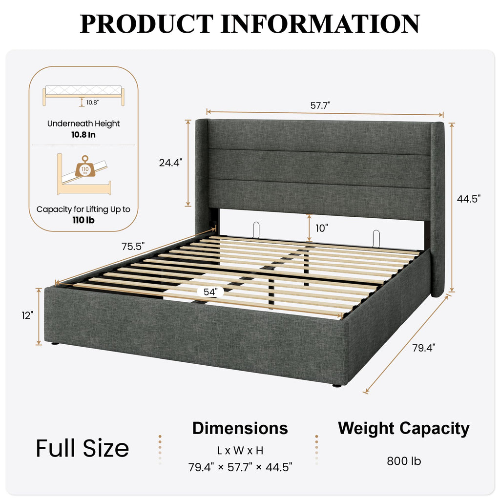SHA CERLIN Full Size Lift Up Storage Bed/Modern Wingback Headboard/Upholstered Platform Bed Frame/Hydraulic Storage/No Box Spring Needed/Wood Slats Support/Dark Grey