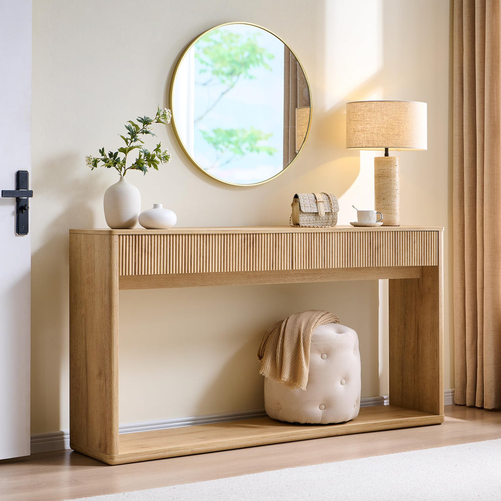 OKD 63" Fluted Console Table for Entryway, Modern Entryway Table with 2 Large Drawers, Long Sofa Table Behind Couch for Living Room, Hallway, Couch, Foyer，Natural Oak
