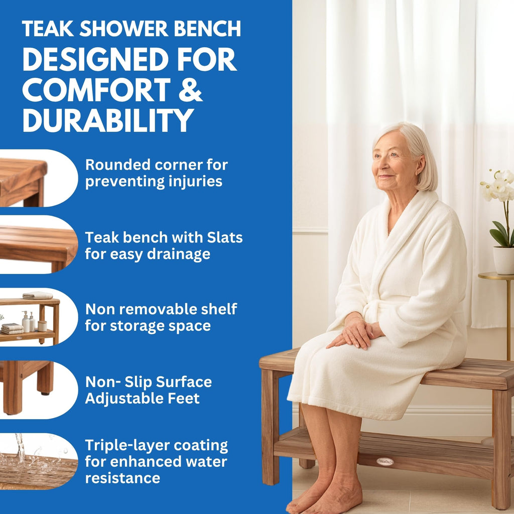 EcoDecors Teak Shower Bench with Large Storage Shelf 36", 300 lb Capacity – Waterproof Bathroom Seat with Non-Slip Feet, Elegant Natural Teak Finish, Ideal for Adults, Seniors, & Spa-Style Bathrooms
