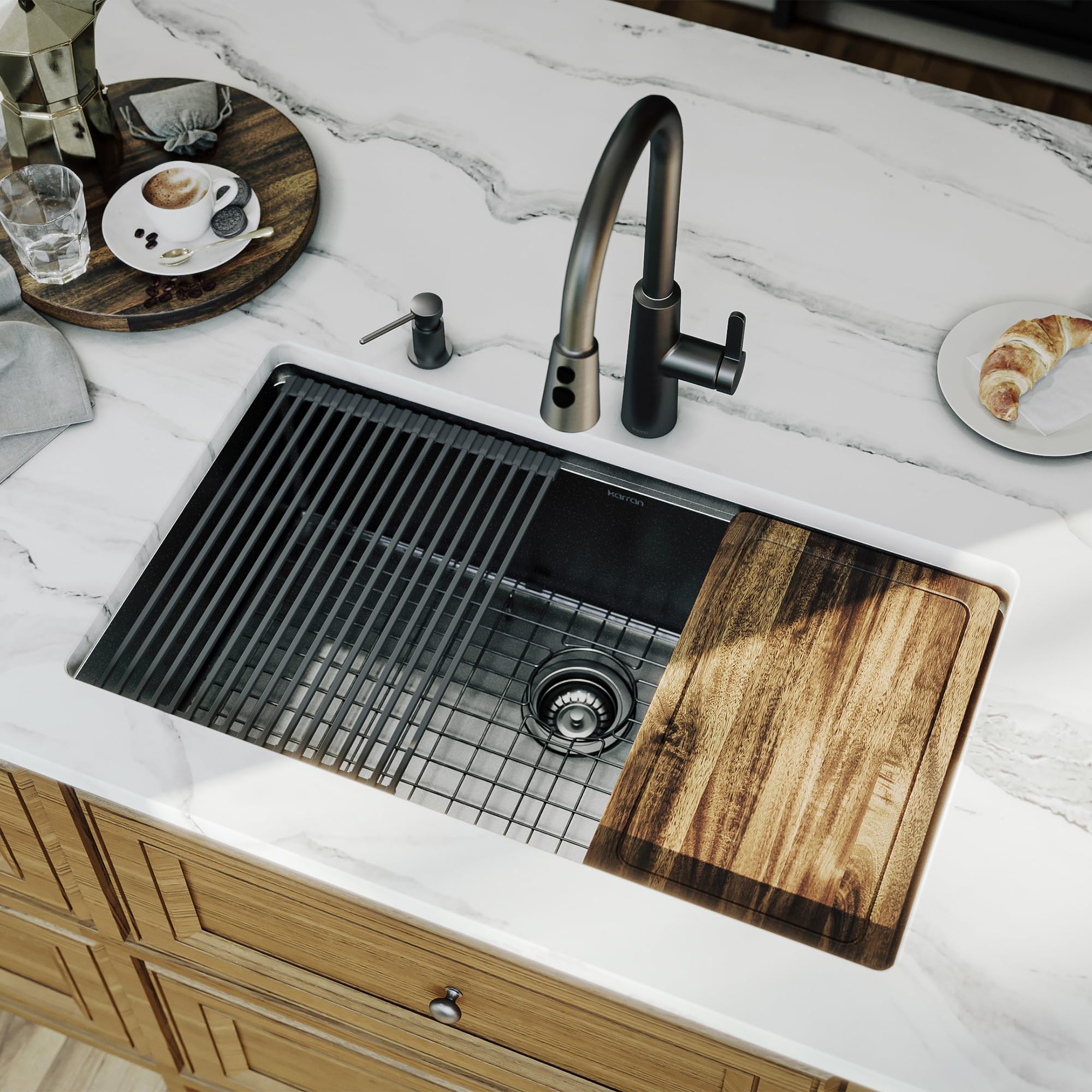 Karran Elite 32 Inch Gunmetal Black Workstation Kitchen Sink, 16 Gauge Nano PVD Stainless Steel Undermount Sink, Deep Single Bowl with Grid, Cutting Board, Drying Mat & Strainer
