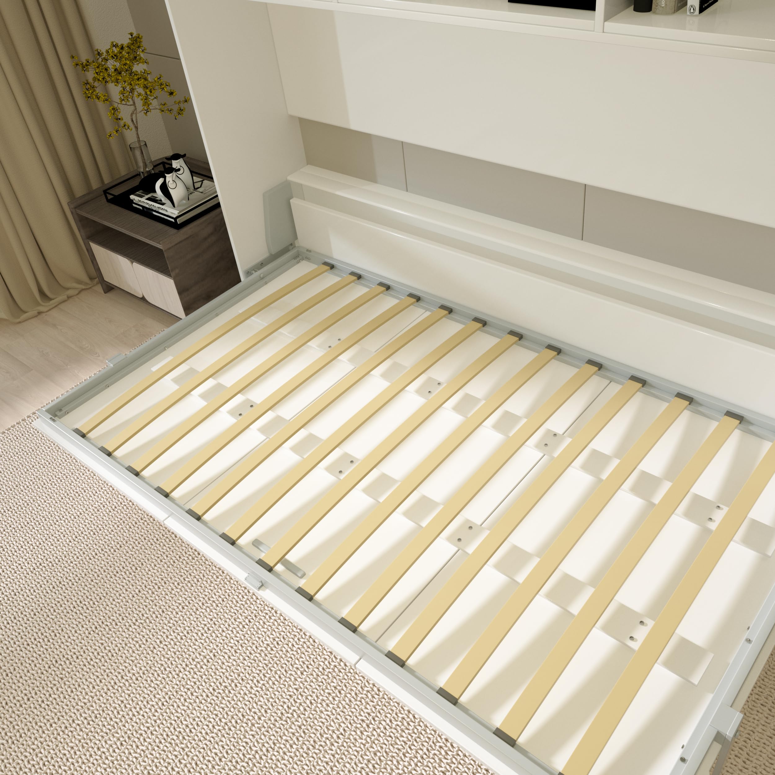 YOPTO Twin Size Horizontal Murphy Bed Chest with Double Layer Storage Shelf,Wood Hidden Cabinet Platform Bed W/Gas Struts,Space Saving,Wall Bed Frame for Bedroom,Guest Room,Apartment,White