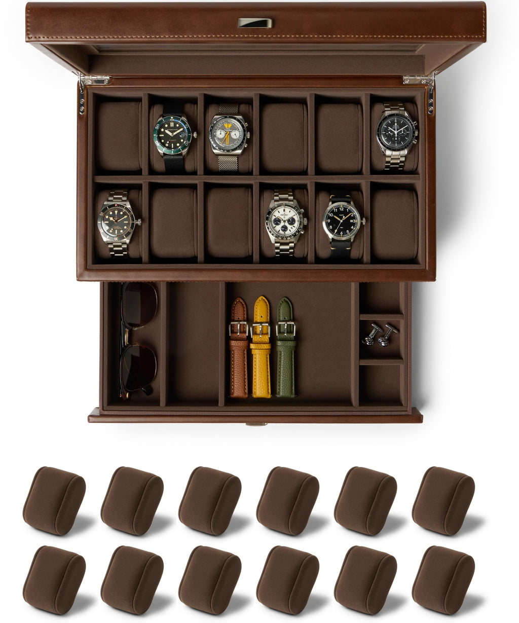 TAWBURY Bayswater 12 Slot Watch Box with Drawer (Brown) with a Set of 12 Small Pillows to Fit 6.6-7.1" Wrists