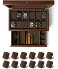 TAWBURY Bayswater 12 Slot Watch Box with Drawer (Brown) with a Set of 12 Small Pillows to Fit 6.6-7.1" Wrists