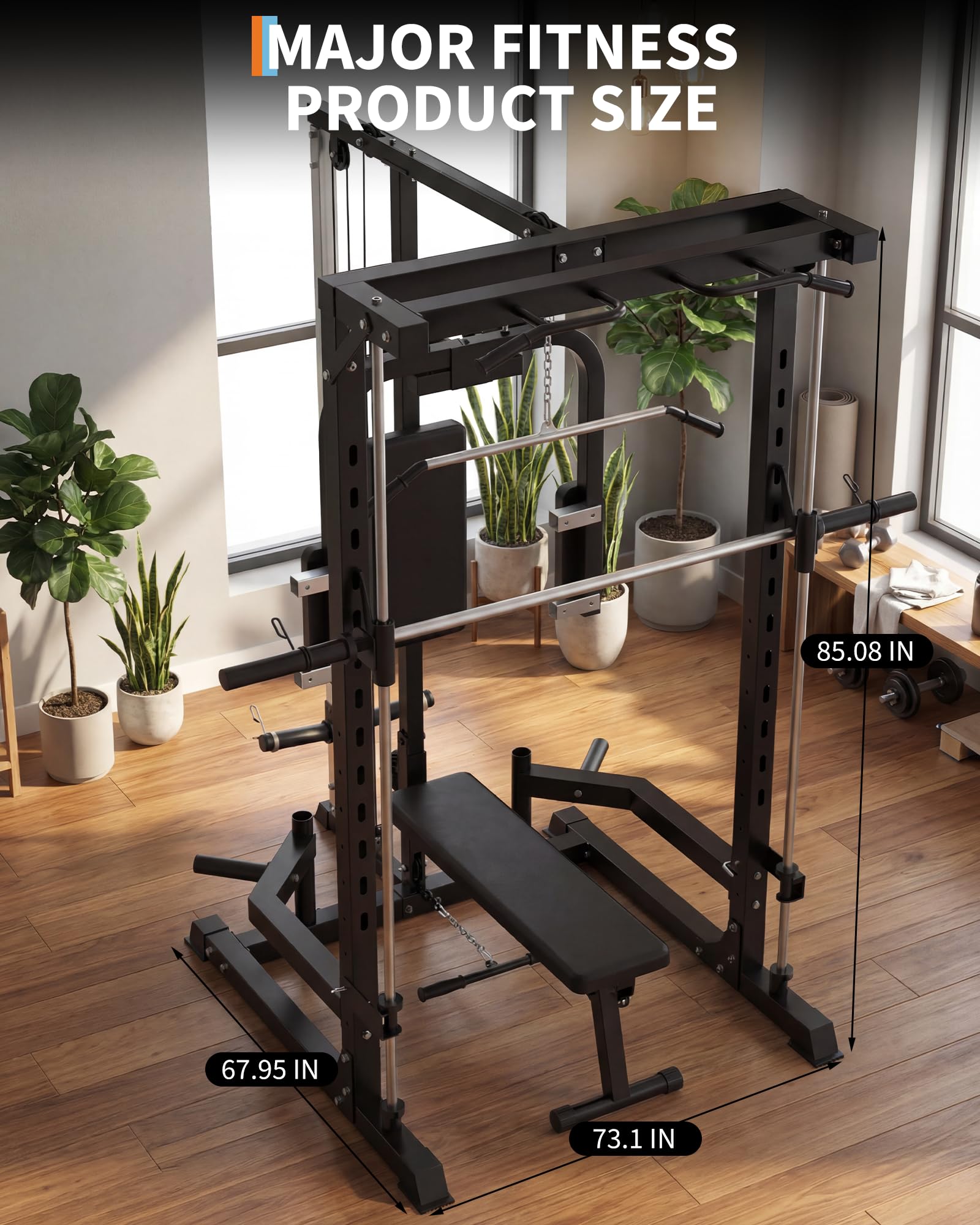 Garvee Smith Machine with Bench, Heavy Duty Power Cage Squat Rack with Smith Bar, LAT Pulldown System, Chest Station & More Training Attachment, Home Gym Equipment for Strengthen Training