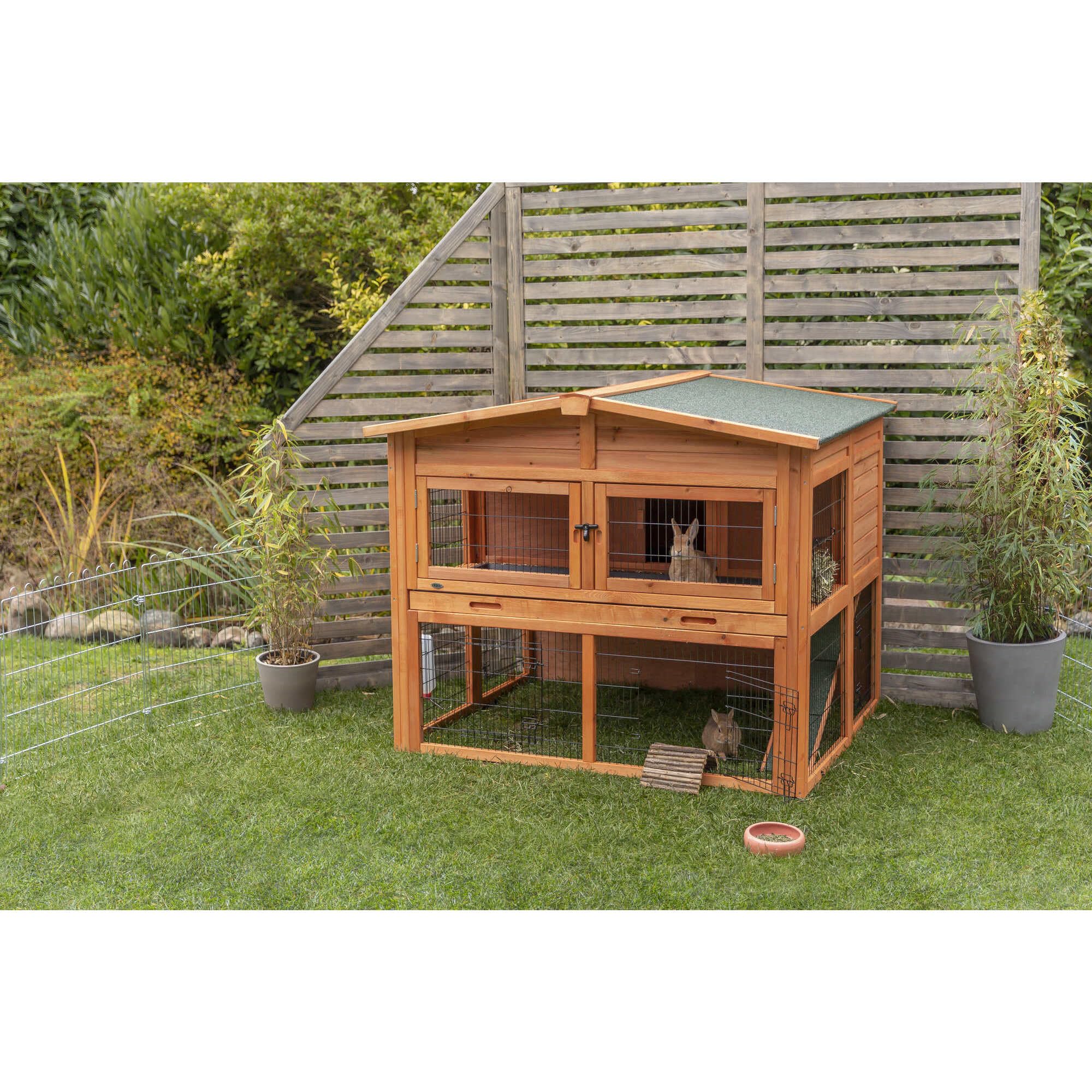 TRIXIE natura Outdoor Deluxe Rabbit Hutch with Run - Large 2-Story Rabbit Cage with Non-Slip Ramp - Elevated Small Animal House with Secure Playpen, Hinged Roof & Two Pull-Out Trays - in Natural
