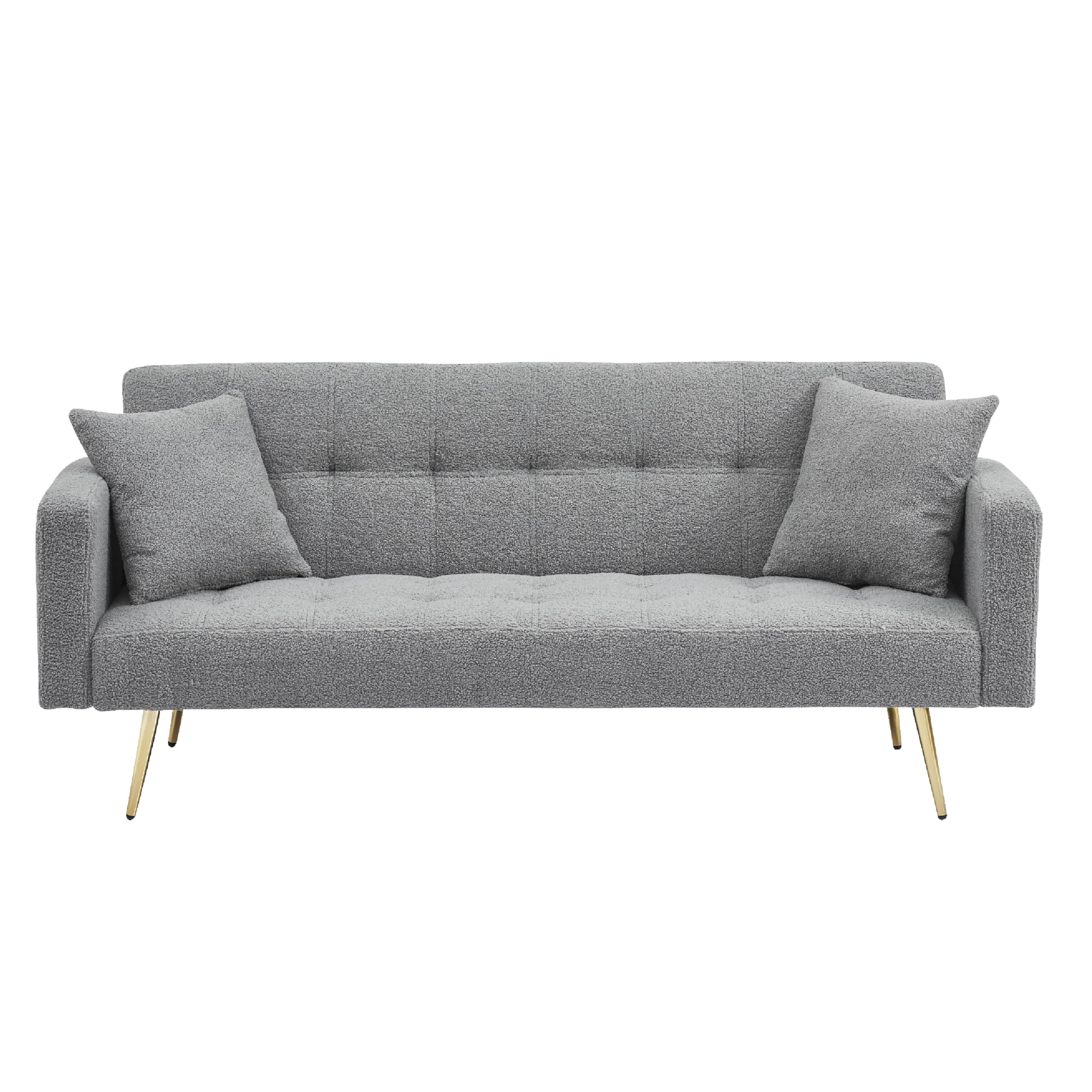 KEIKI 72" Folding Futon Sofa Couch w/Adjustable Backrest, Mid Century Modern Loveseat Convertible to Sleeper Bed, Small Comfy Teddy Cloud Couch SofaBed for Living Room & Bedroom, 2 Pillows, Gray