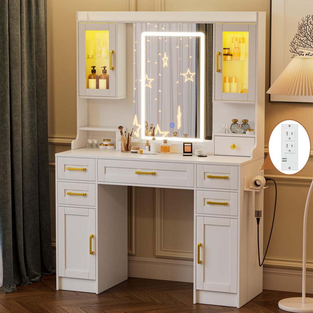 YBXGO Vanity Desk with Mirror and Light, Makeup Vanity Table with Drawer and Storage Dresser, 3 Lighting Modes Adjustable Brightness, Bedroom Dressing Table