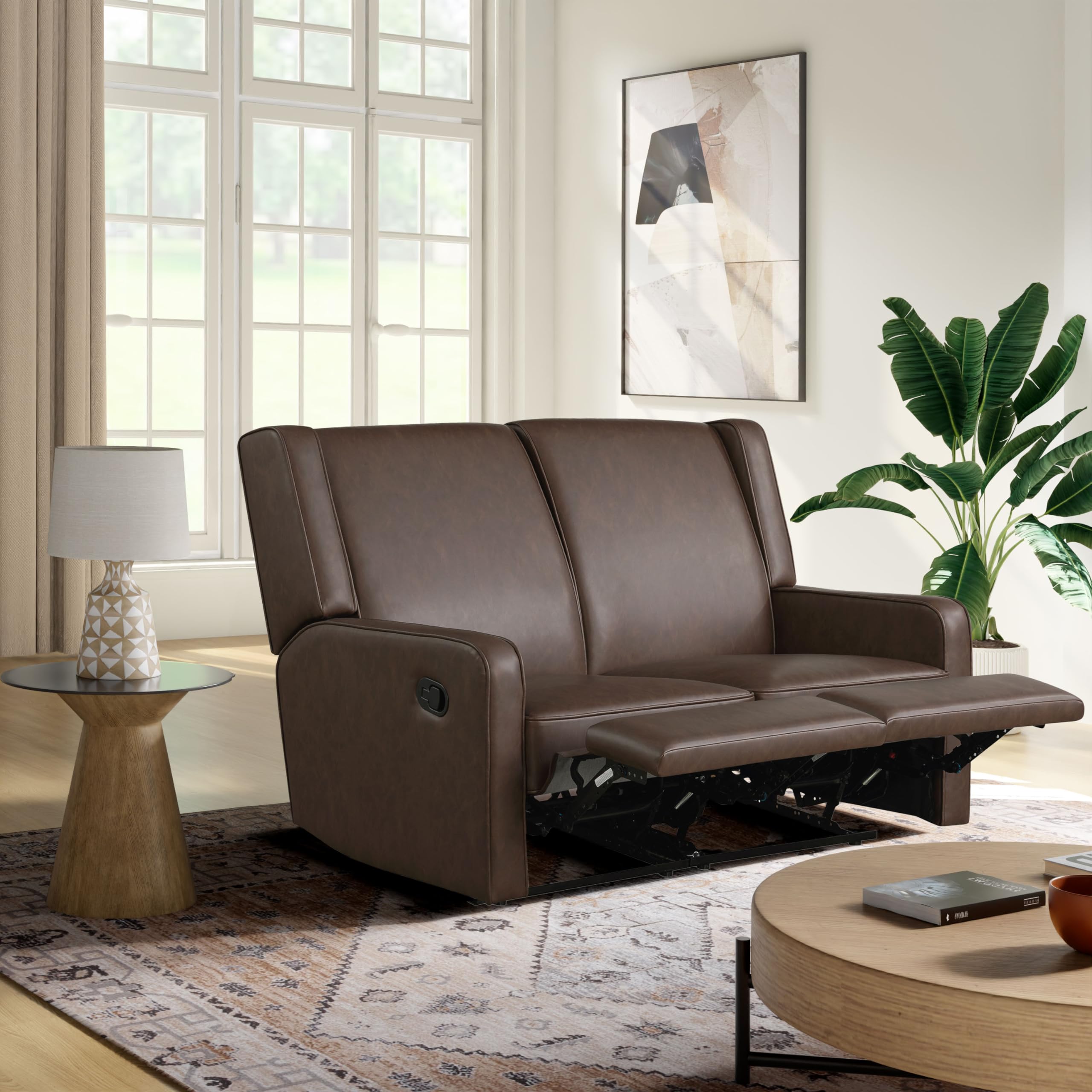 Relax-A-Lounger Evanston 55.9" Reclining Loveseat, Manual Lever Pull, Pocket Coil Comfort, Vegan Leather, Chestnut