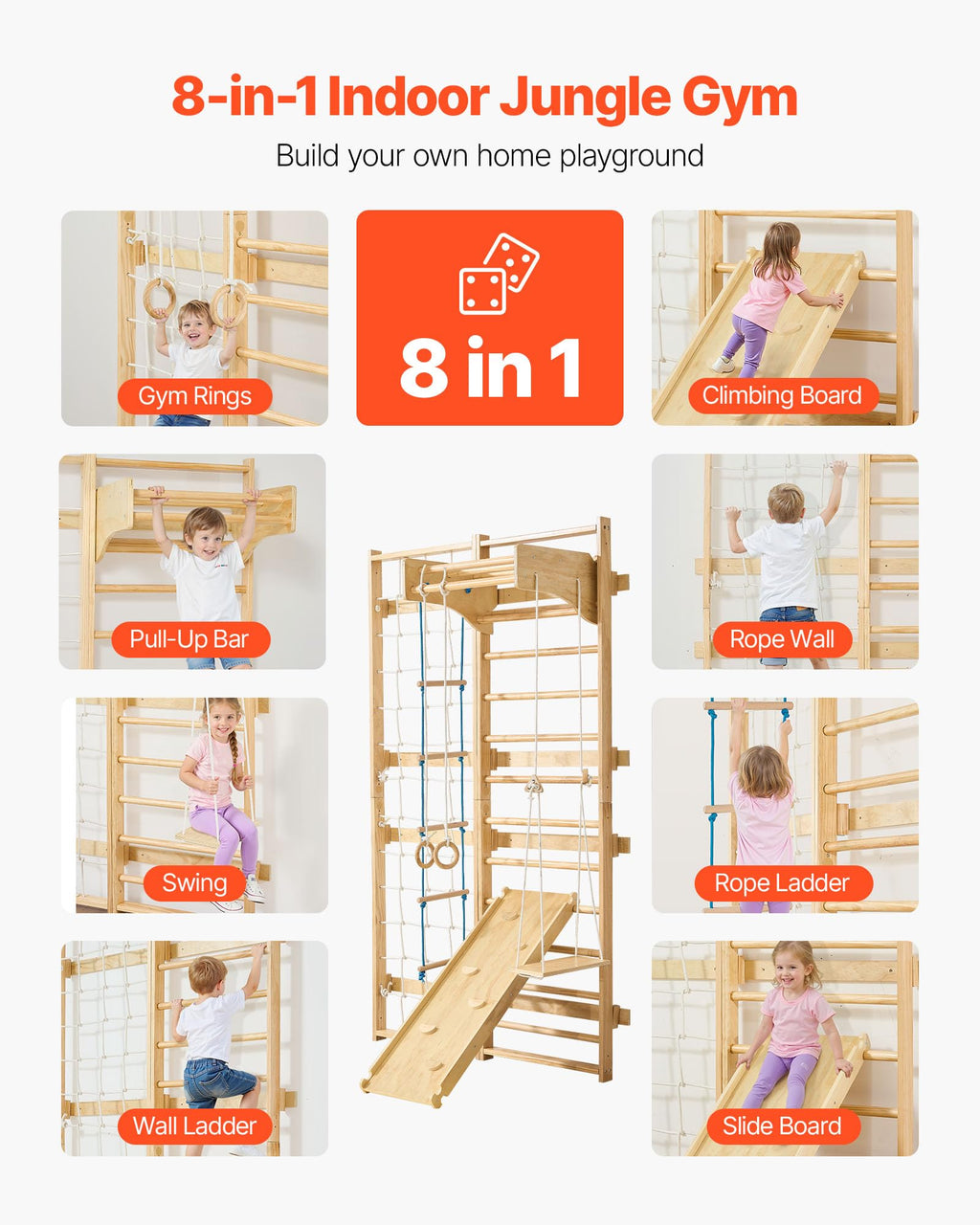 VEVOR Swedish Ladder Wall Gym, 8-in-1 12-Level Solid Wood Gymnastic Stall Bars for Kids Adults, 220LBS Indoor Jungle Gym Playset with Climbing Board, Gym Rings, Pull-Up Bar, Wall Ladder, Slide, Swing