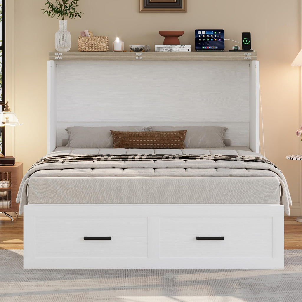 DNYN Farmhouse Murphy Cabinet Bed with Large Storage Drawer for Bedroom/Guest Room, Full-Size Foldable Wall Bed Frame with Charging Station, Space-Saving Design & No Box Spring Needed