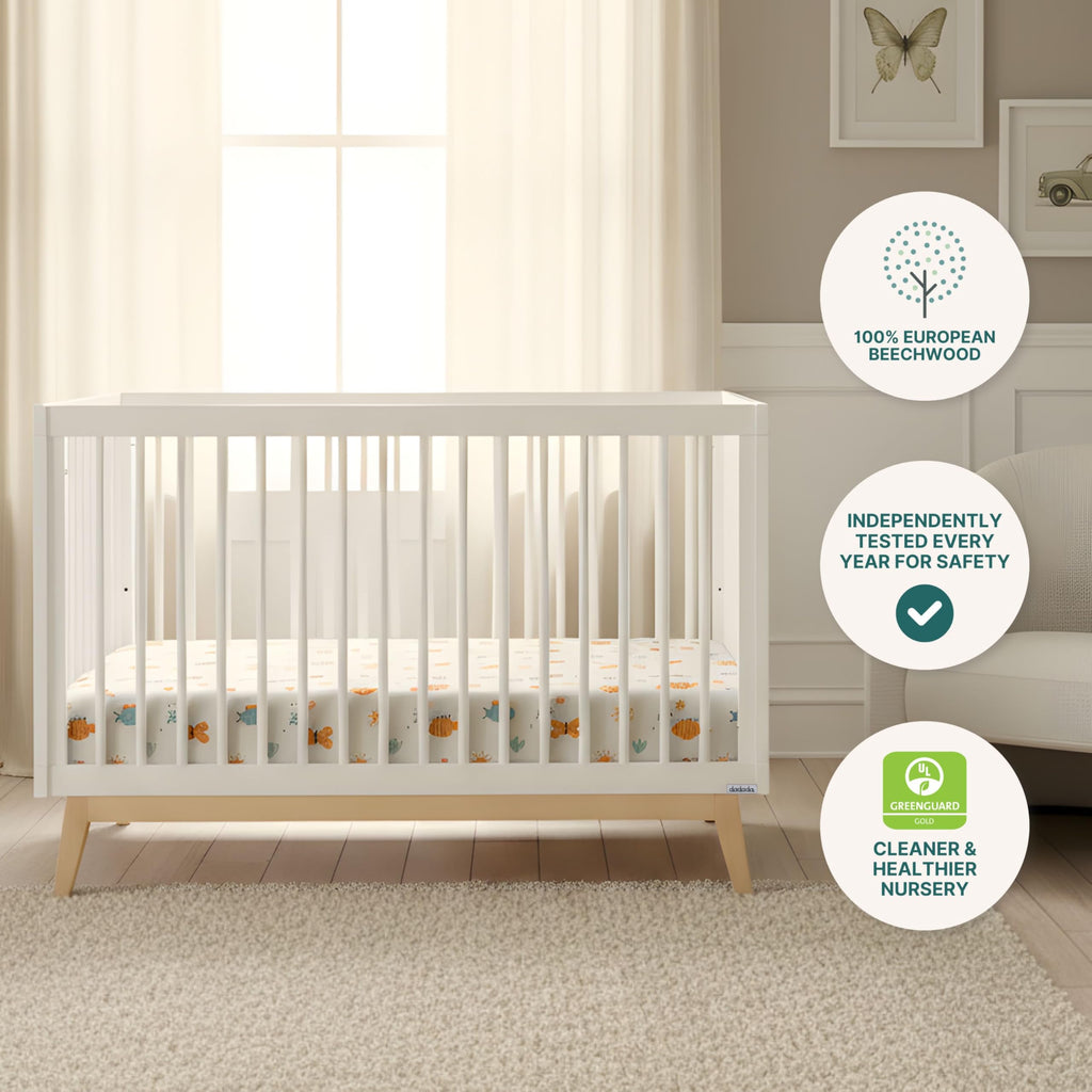 dadada Baby Soho 3-in-1 Convertible Wooden Crib to Toddler Bed - Made in Italy, GREENGUARD Gold Certified, Baby-Safe Finish, Handcrafted Beechwood, Modern Design, 3 Adjustable Heights (White/Natural)