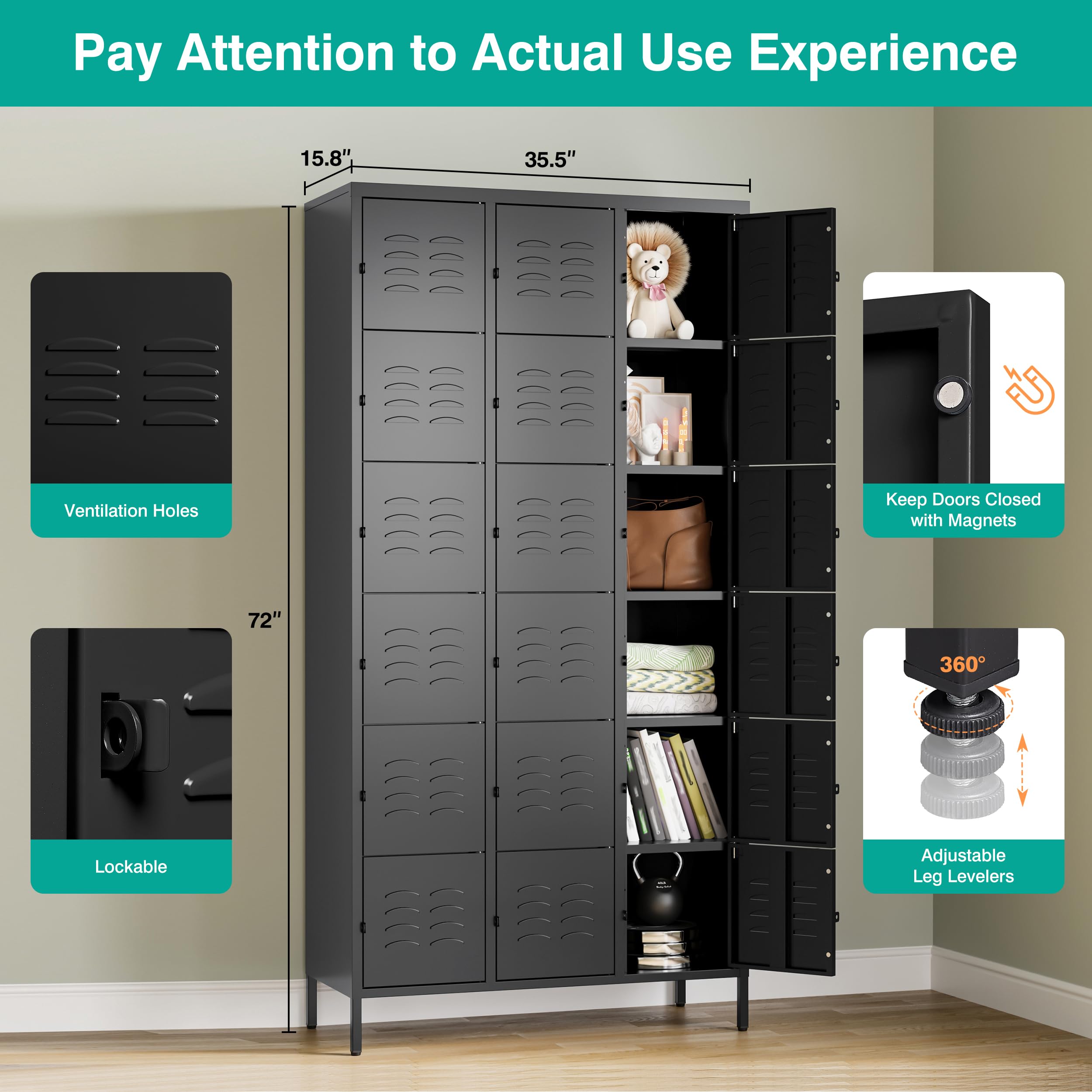 SISESOL Metal Lockers for Employees,Lockable Storage Locker with Shelf,Large Lockers for Storage with Leg,Gym Locker,Steel Employee lockers for Home Office School Gym Garage (Black,18 Door)