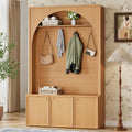 Merax Farmhouse Hall Tree with Bench and 3 Cabinets, 4-in-1 Entryway Coat Rack with 4 Golden Hooks and Top Compartments, 77.5" Retro Arched Entryway Hall Tree for Hallway, Mudroom, Entrance, Natural