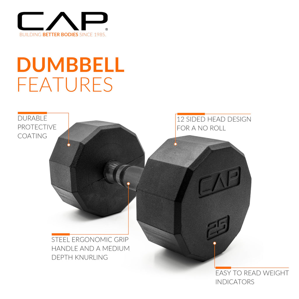 CAP 210 lb Rubber Coated 12-Sided Dumbbell Set with Vertical Rack, Space-Saving Storage for Home Gym Strength Training, Black Handle, Black Rack