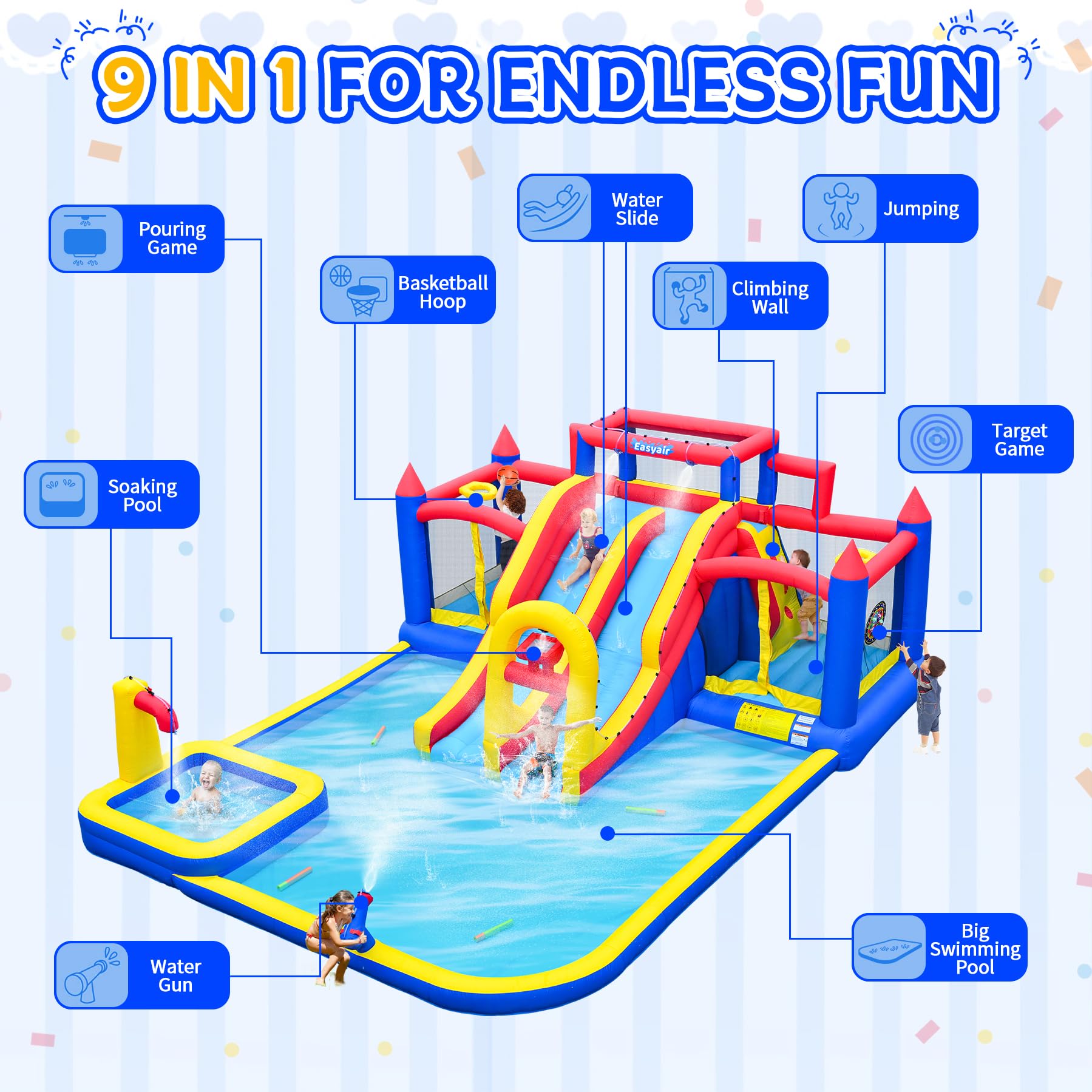 Easyair Large Inflatable Water Slide for Big Kids, Water Bounce House, Outdoor Blow Up Pool, Climbing Wall, Basketball Hoop with Blower