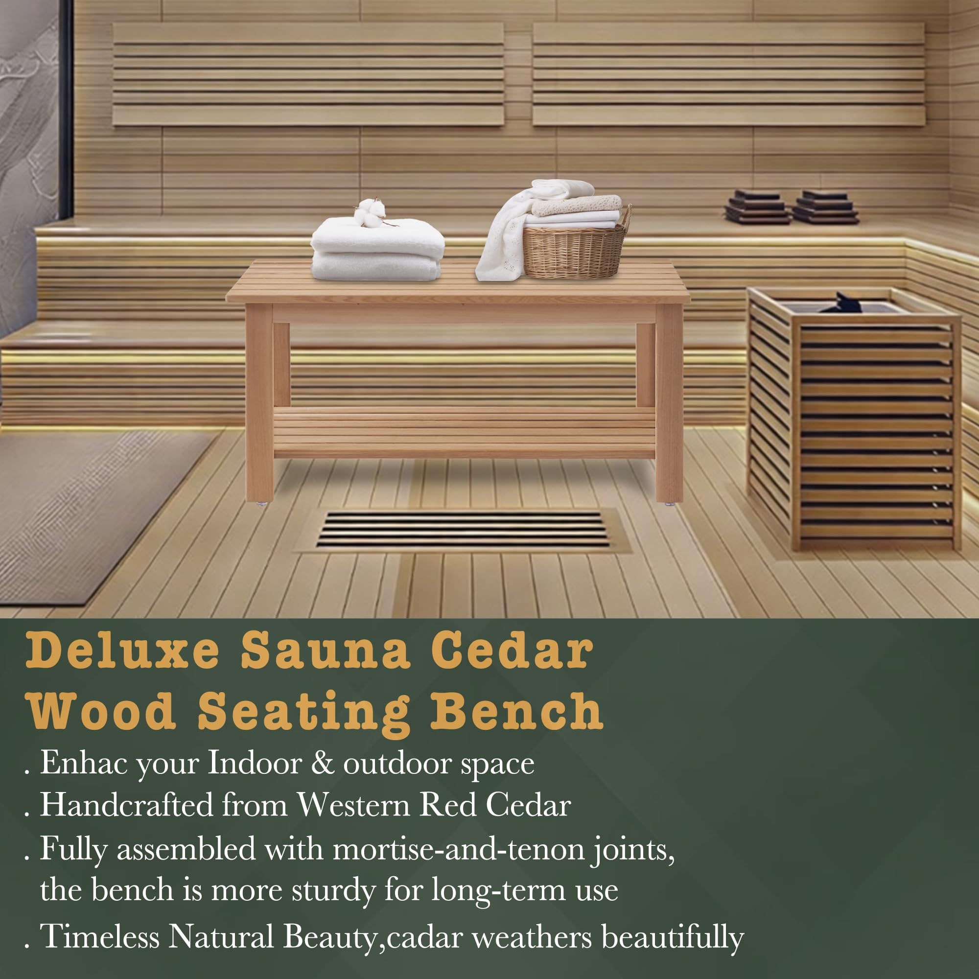 bingaai Western Red Cedar Sauna & Shower Bench 31.5" Fully Assembled – Strong, Durable, Soft-Touch, Insulating Cedar Wood Bench for Bathroom, Sauna, Indoor & Outdoor Use
