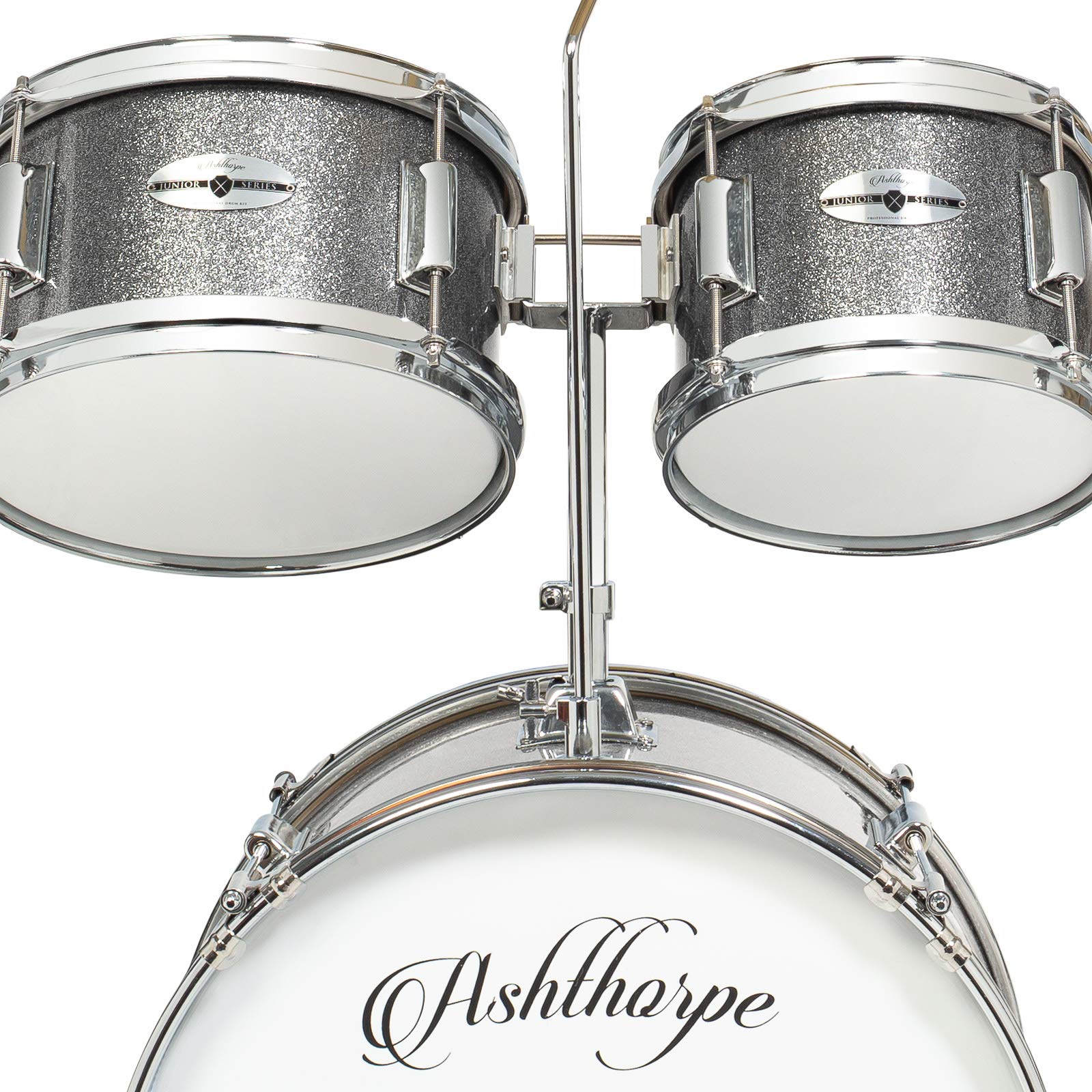 Ashthorpe 5-Piece Complete Junior Drum Set with Genuine Brass Cymbals - Advanced Beginner Kit with 16" Bass, Adjustable Throne, Cymbals, Hi-Hats, Pedals & Drumsticks - Silver