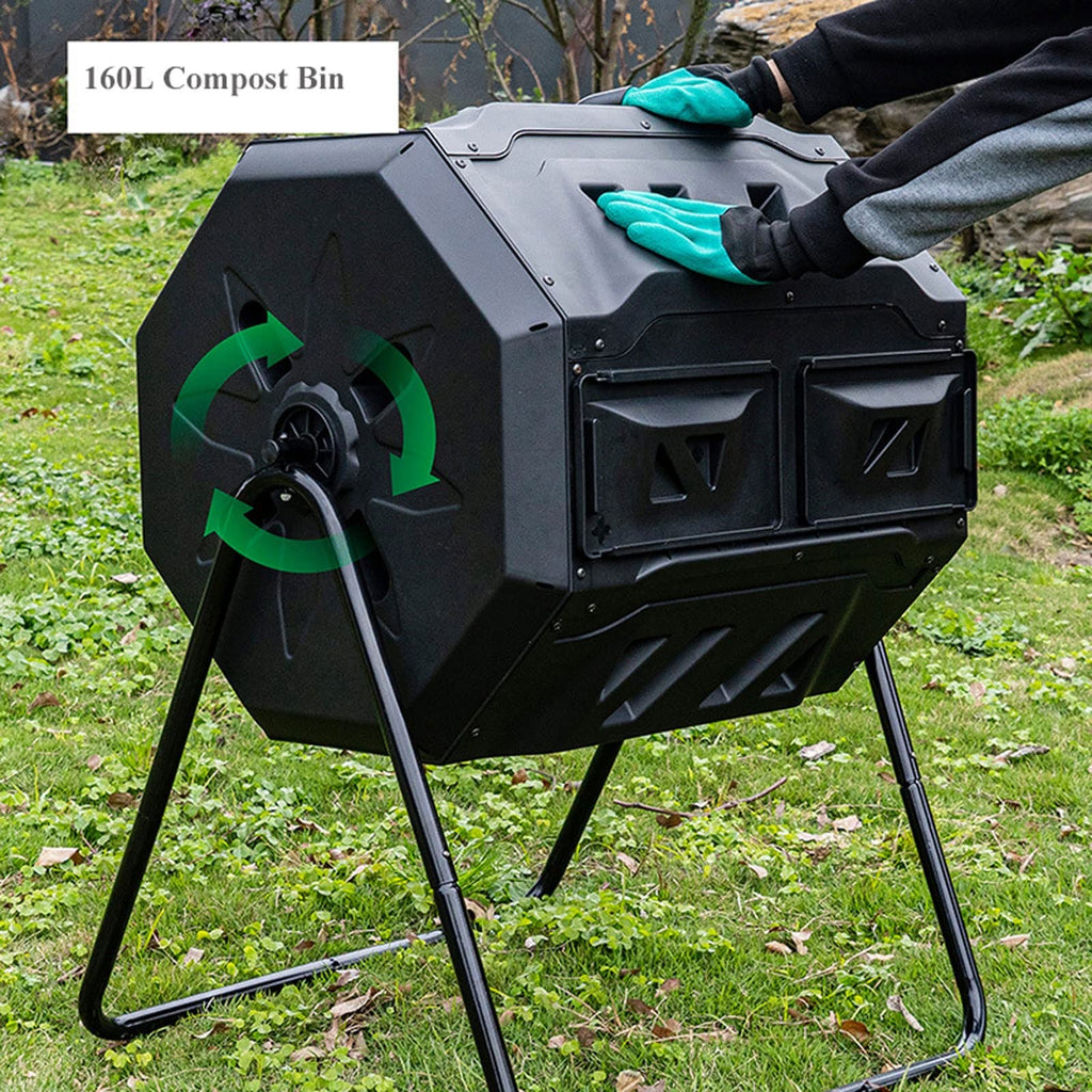 LICONG-2019 Kitchen Compost Bin, Outdoor Dual Chamber Tumbling Composter, Outdoor Rotating Compost Tumbler Bin for Garden, Kitchen, and Yard Waste, 160L/42Gallon,Indoor Compost Bin with Lid