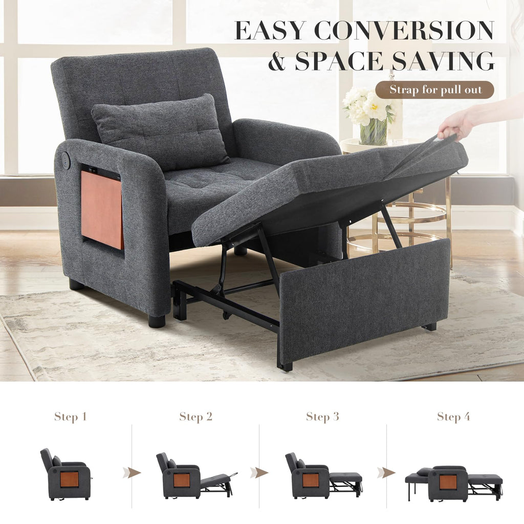Convertible Sleeper Chair-Fabric Futon Sofa Bed, Single Sleeper Sofa, Small Couch Bed with USB Port, Foldable Table, Pillow, Adjustable Backrest for Dorm/Bedroom/College Darkgrey