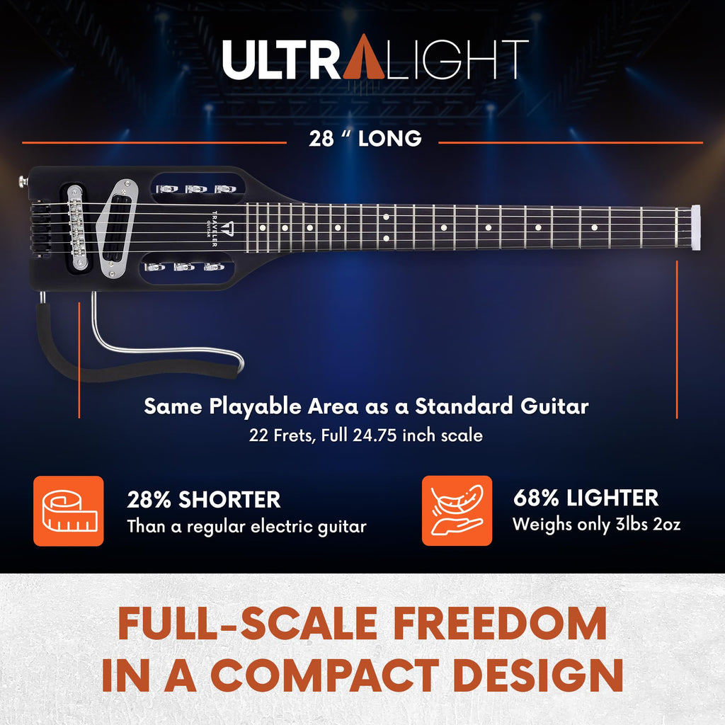 Traveler Guitar Ultra-Light Electric Guitar Matte Black | Portable Electric with Removable Lap Rest | Full 24 3/4" Scale Headless Guitar | Custom Gig Bag Included