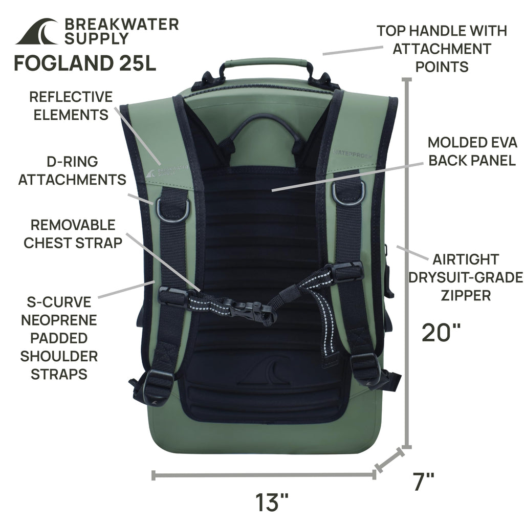 Breakwater Supply™ Fogland Waterproof IP68 Submersible Backpack | Laptop Sleeve & Airtight Zippers for Outdoors, Hunting, Fishing, Waterfowl, Floating Dry Bag, Unisex, TPU (Marsh Green, 25L)