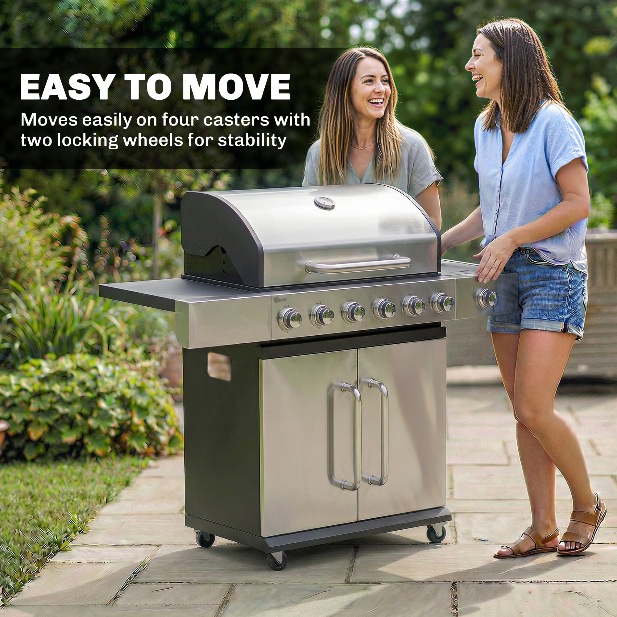 Outsunny 6 Burner Propane Gas Grill with Side Burner, 63,000 BTU Stainless Steel Barbecue Grill with Cast Iron Grates, Wheels, Warming Rack, Side Tables, Cabinet for Outdoor Kitchen, Backyard Barbecue