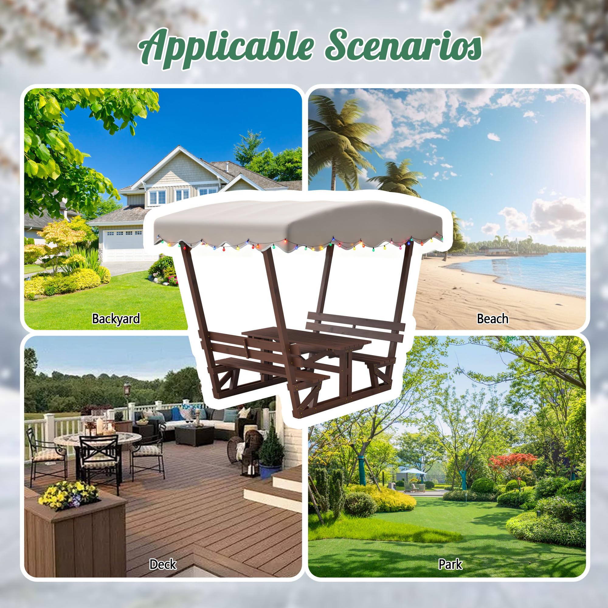 BIFULDYO Outdoor Picnic Table with Benches and Removable Canopy, 6 Person Waterproof Solid Wood Table and Chairs Set for Patios, Gardens, Decks, Parks, Beaches