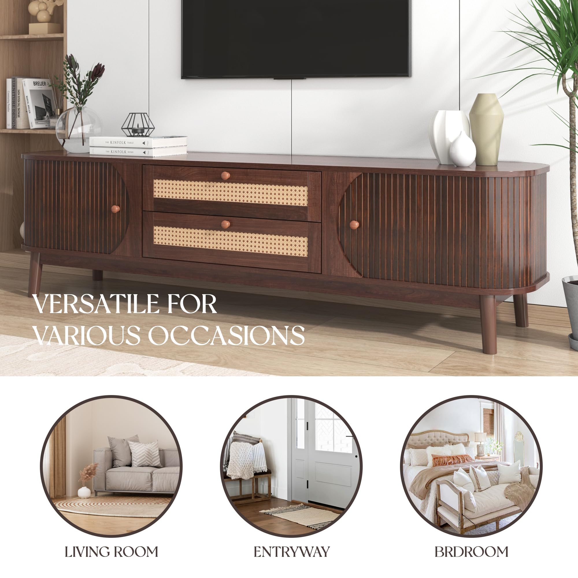 Merax Rattan TV Stand for TVs up to 75", Modern Farmhouse Media Console with Multi-Functional Storage, Boho Entertainment Center with Solid Wood Legs, Television Cabinet for Living Room, Natural+Brown