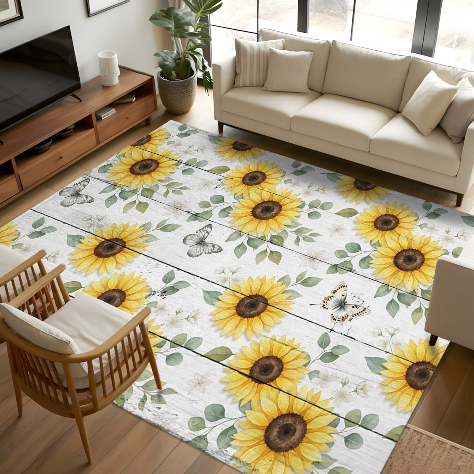 Area Rugs 8x10 for Living Room, Yellow Sunflowers Non Slip Washable Rug Runner, Summer Botanical Butterfly Leaves Wooden Low Pile Indoor Floor Carpet Mat Bathroom Rugs for Bedroom, Kids Room
