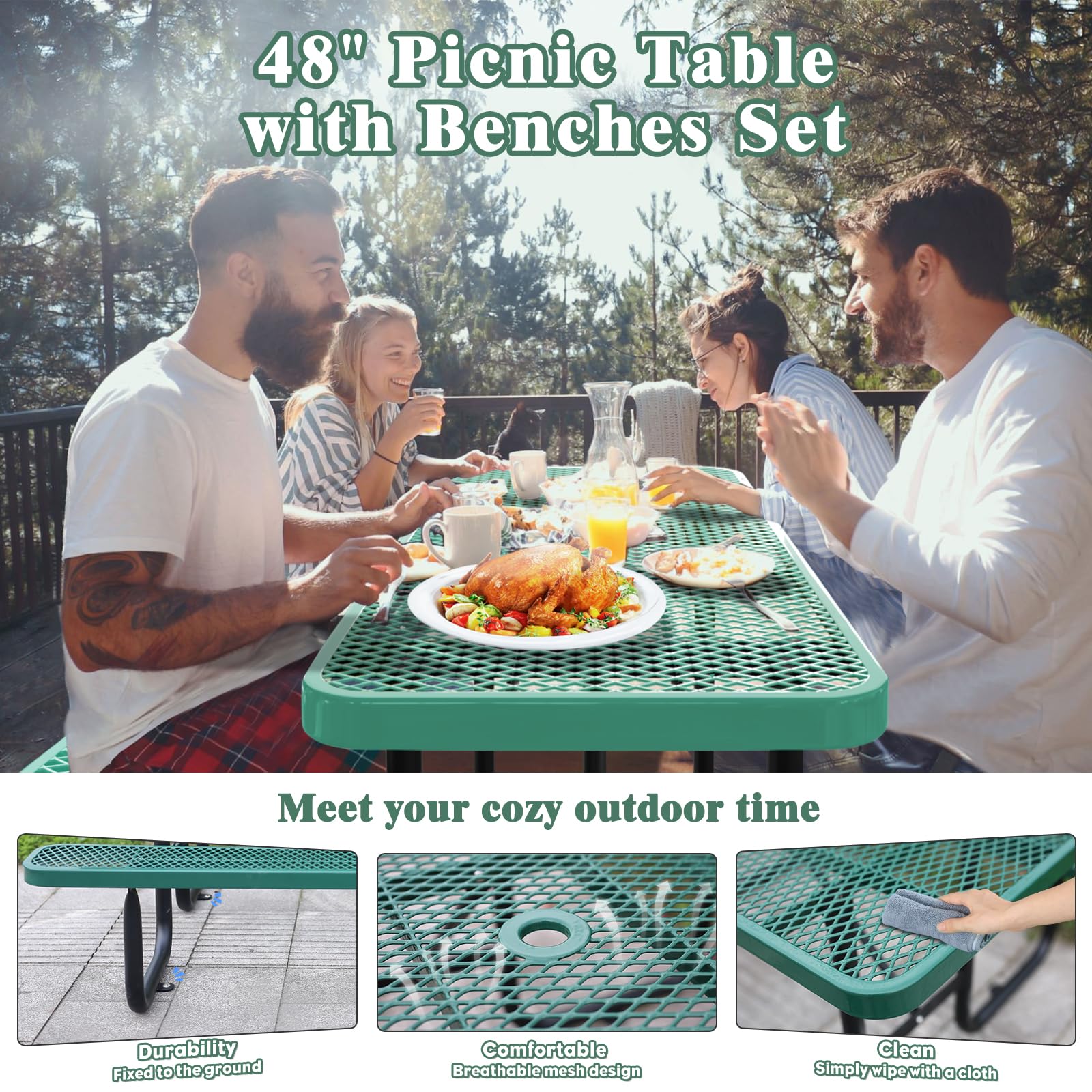 Gaonala 4FT/48IN Heavy Duty Outdoor Picnic Table and 2 Benches for 2-6 People, Weather Resistant Rectangular Steel Picnic Table Set with Umbrella Hole for Yard Patio Lawn Party Green