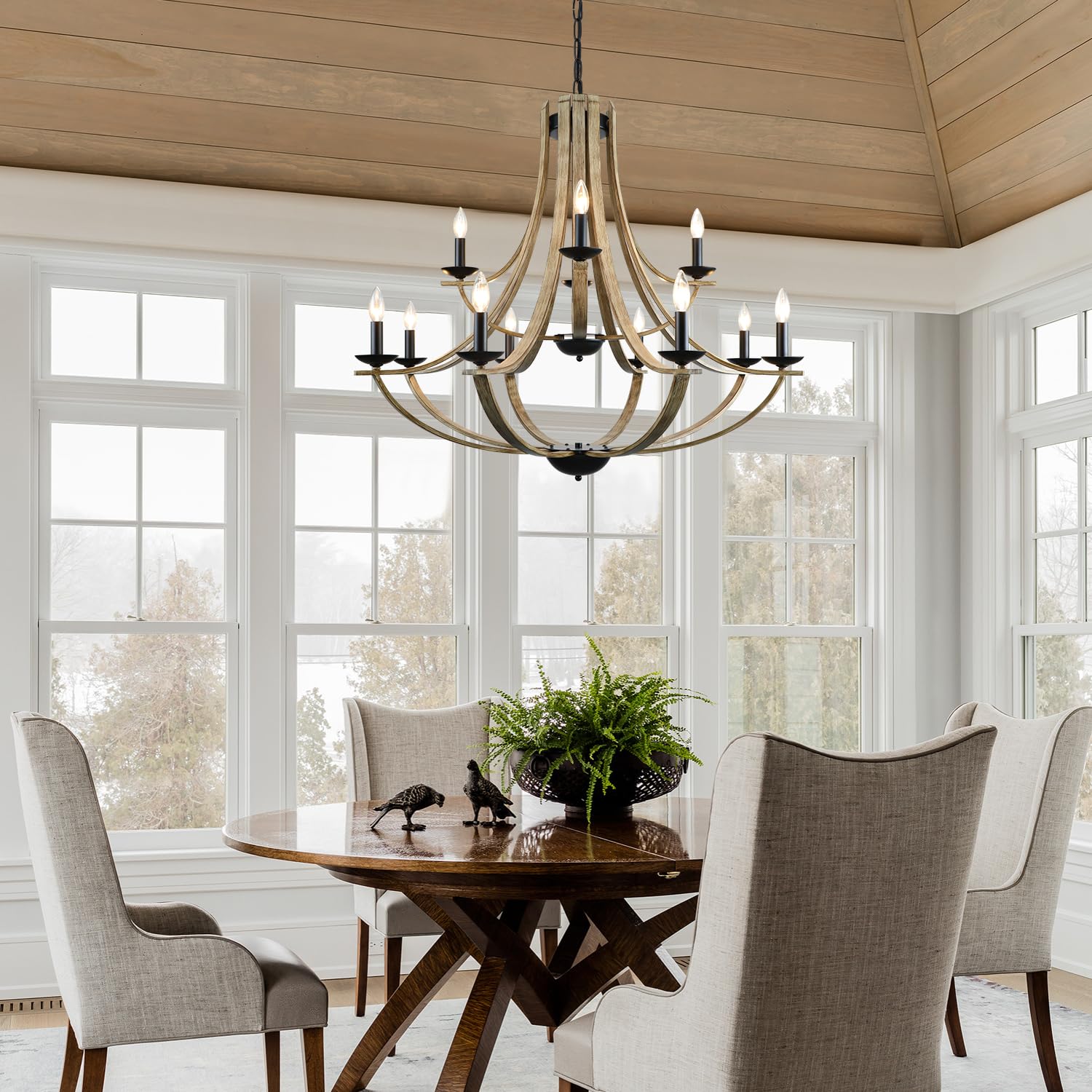 LAMPKEDUO Farmhouse Chandeliers for Dining Room Light Fixture, 2 Tier 12-Light 41" Adjustable Height Retro Faux Wood Texture Rustic Light Fixtures for Living Room Bedroom Kitchen Island Foyer Entryway
