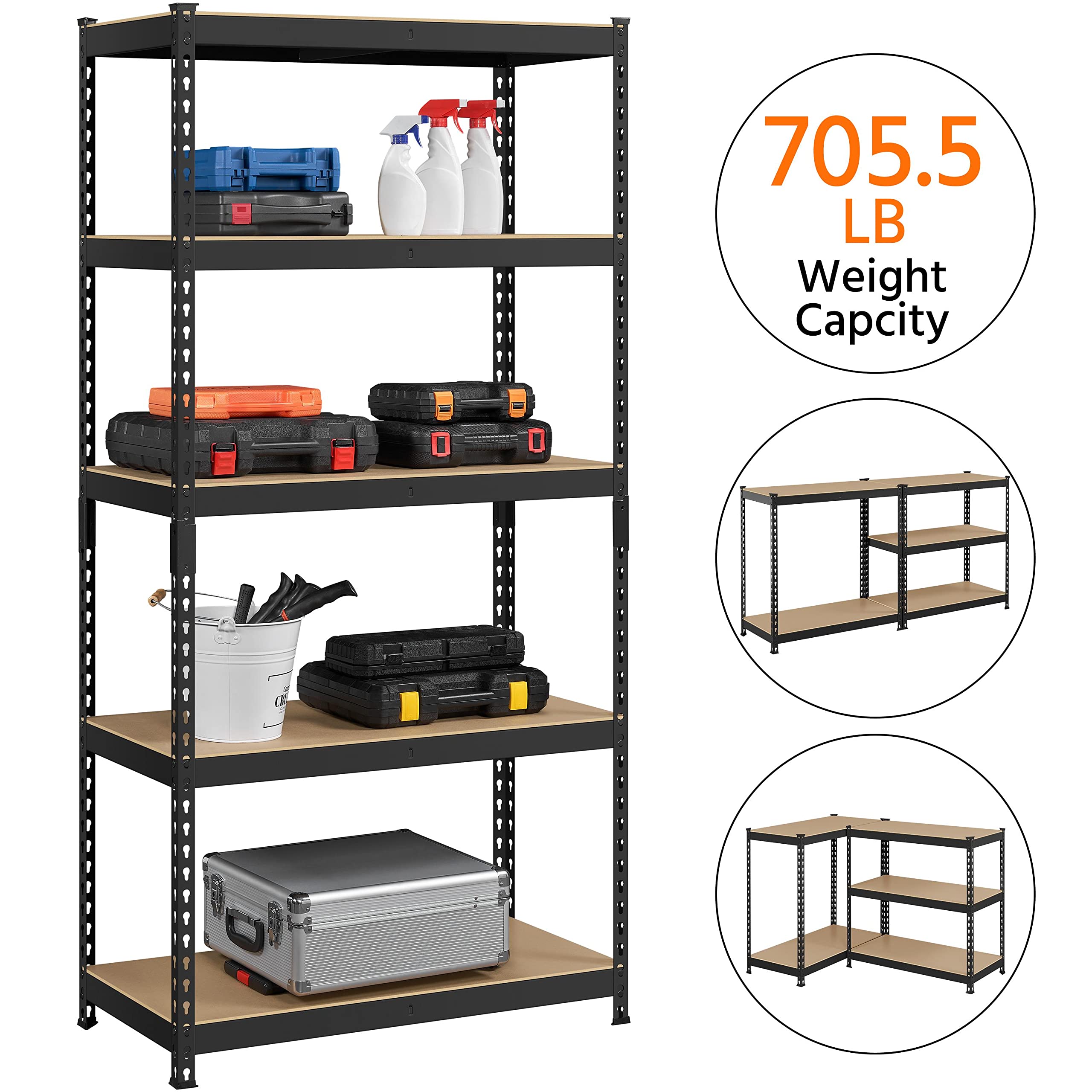 Yaheetech Standing Shelf Units 5 Tier Shelving Unit, 3 Pack Adjustable Garage Shelving Metal Shelving Unit Utility Rack Heavy Duty Industrial Shelving, 35.5″ L × 17.5″ W × 72″ H - Black